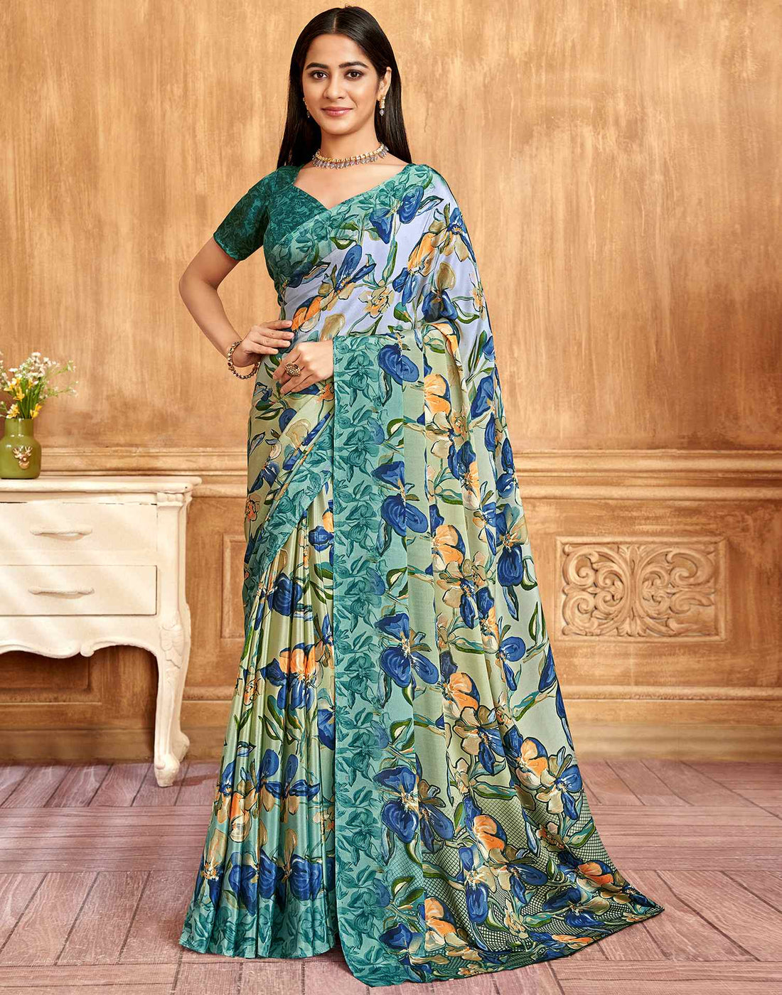 Sea Green Floral Printed Silk Saree