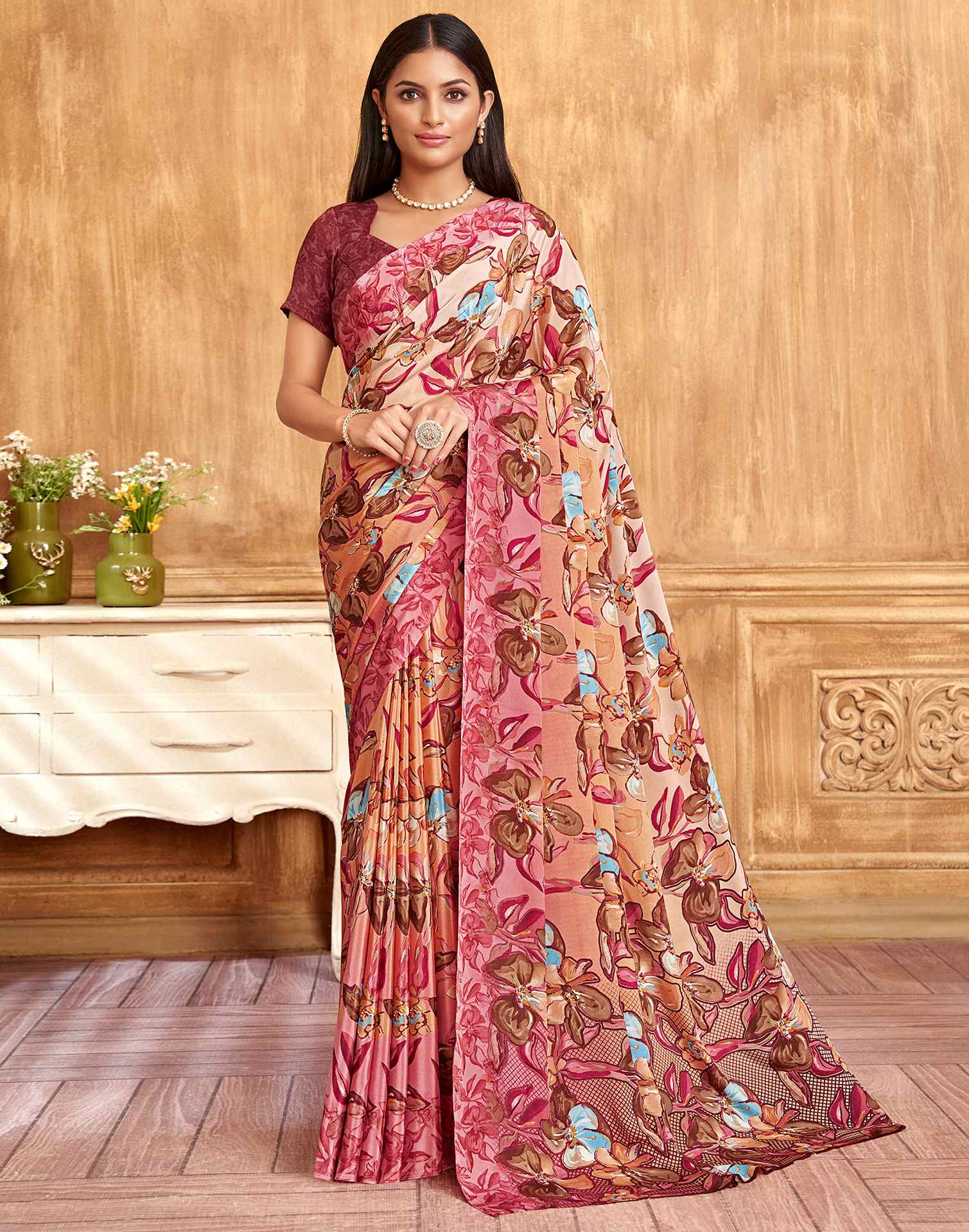 Rose Pink Floral Printed Silk Saree