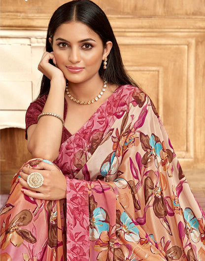 Rose Pink Floral Printed Silk Saree