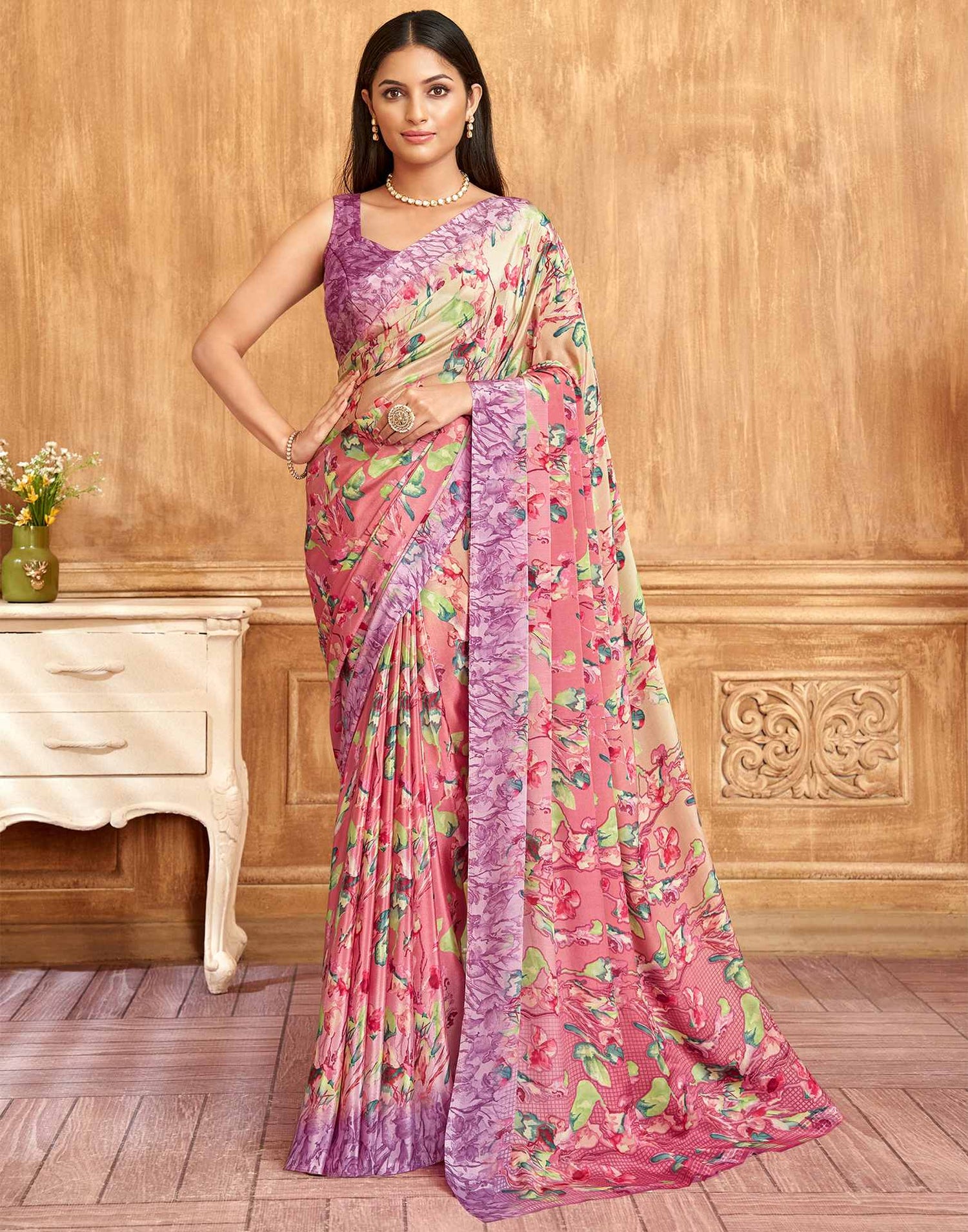 Light Pink Floral Printed Silk Saree