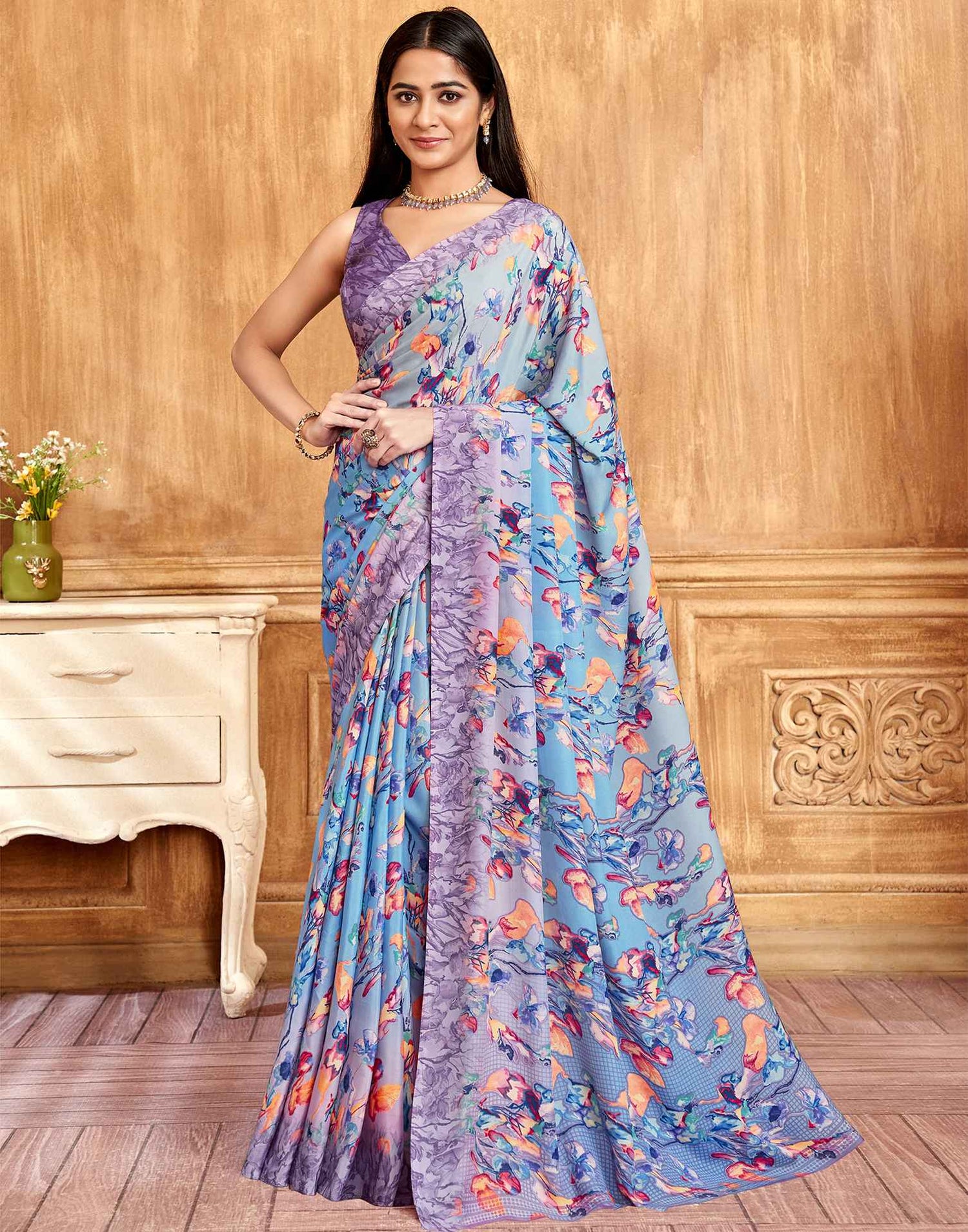 Lavender Floral Printed Silk Saree