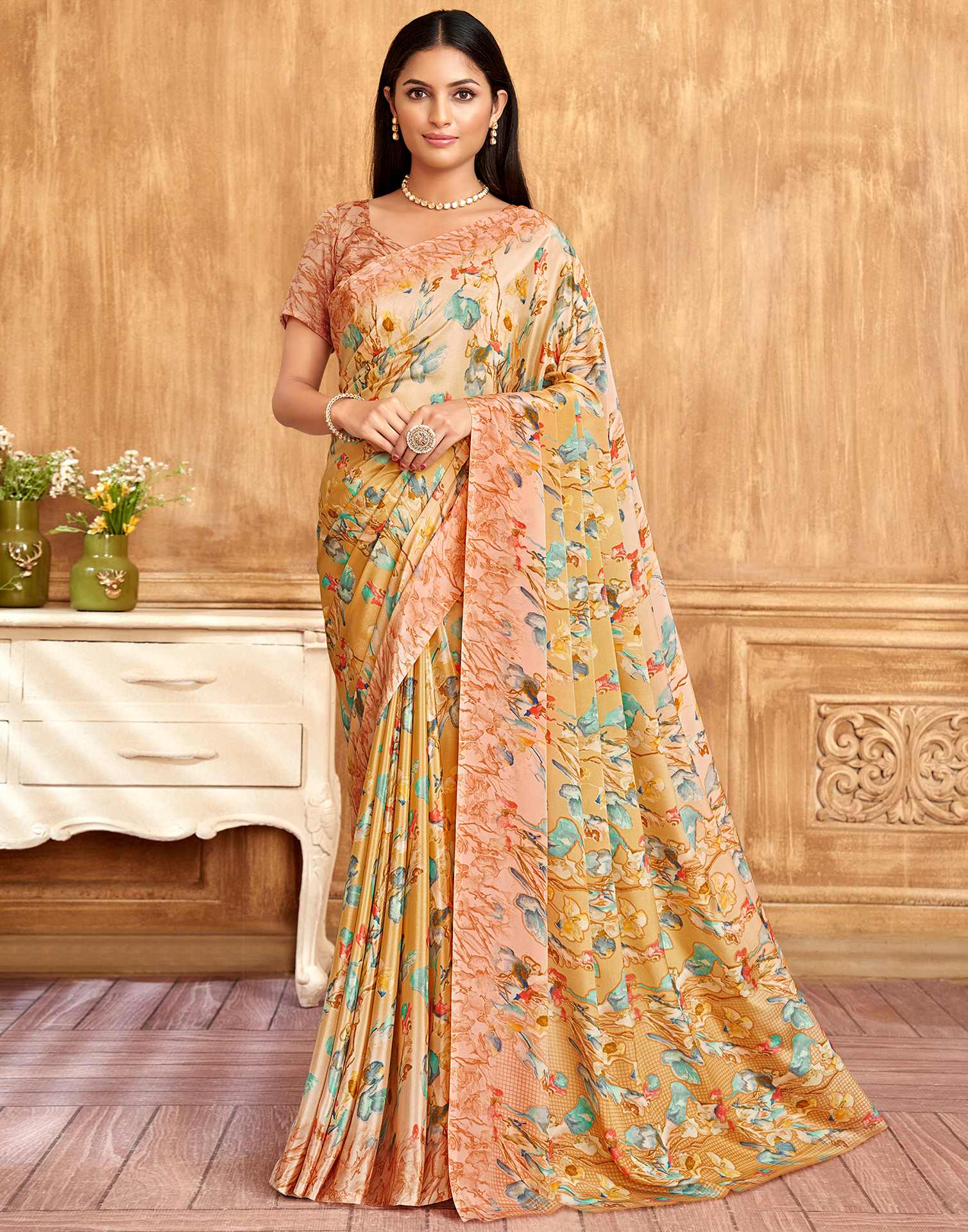 Light Brown Floral Printed Silk Saree