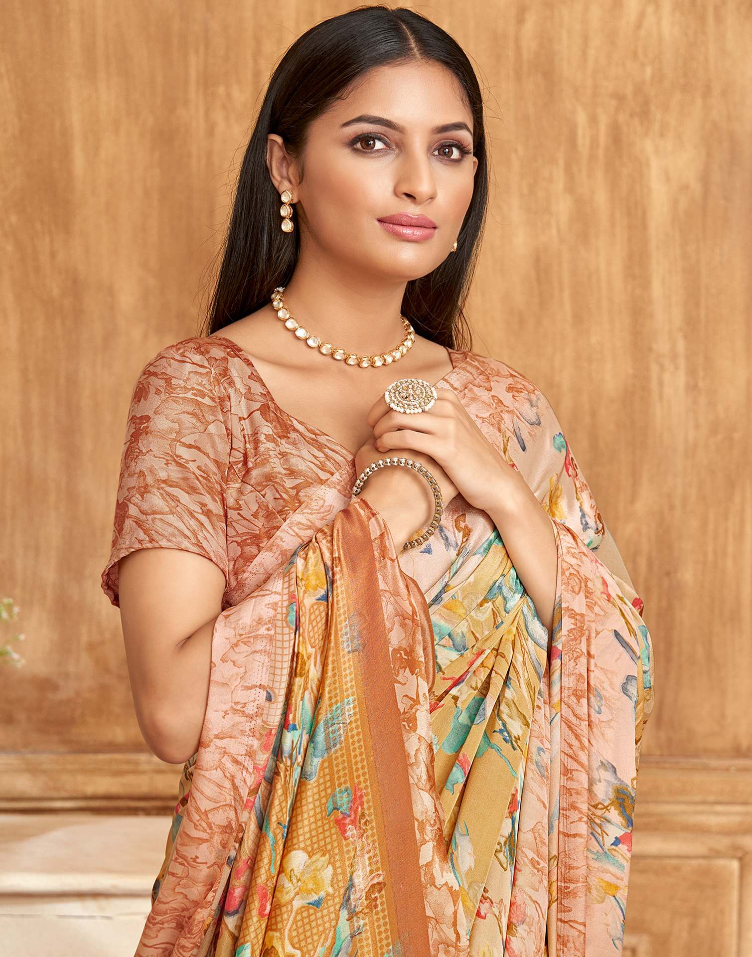 Light Brown Floral Printed Silk Saree