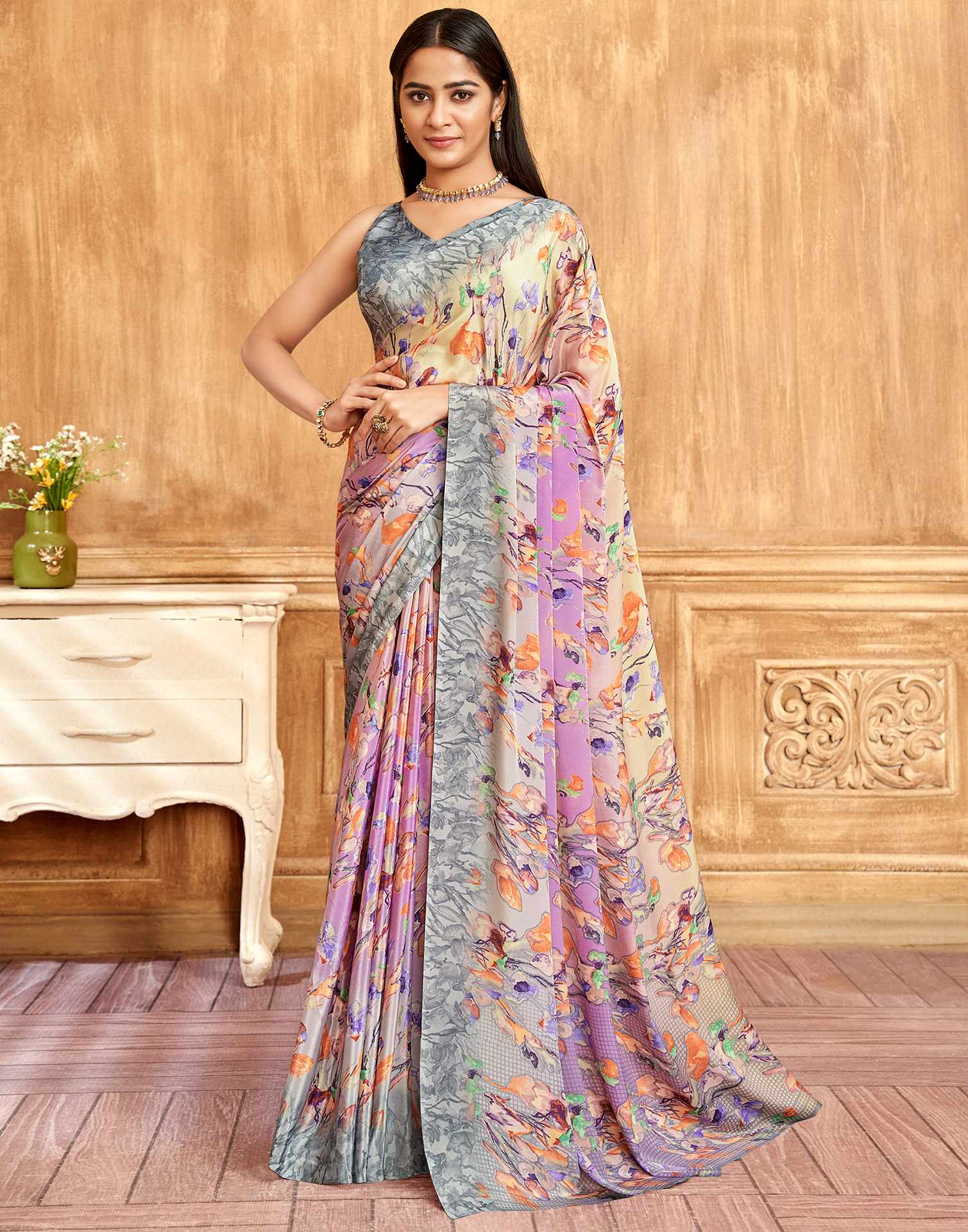 Grey Floral Printed Silk Saree