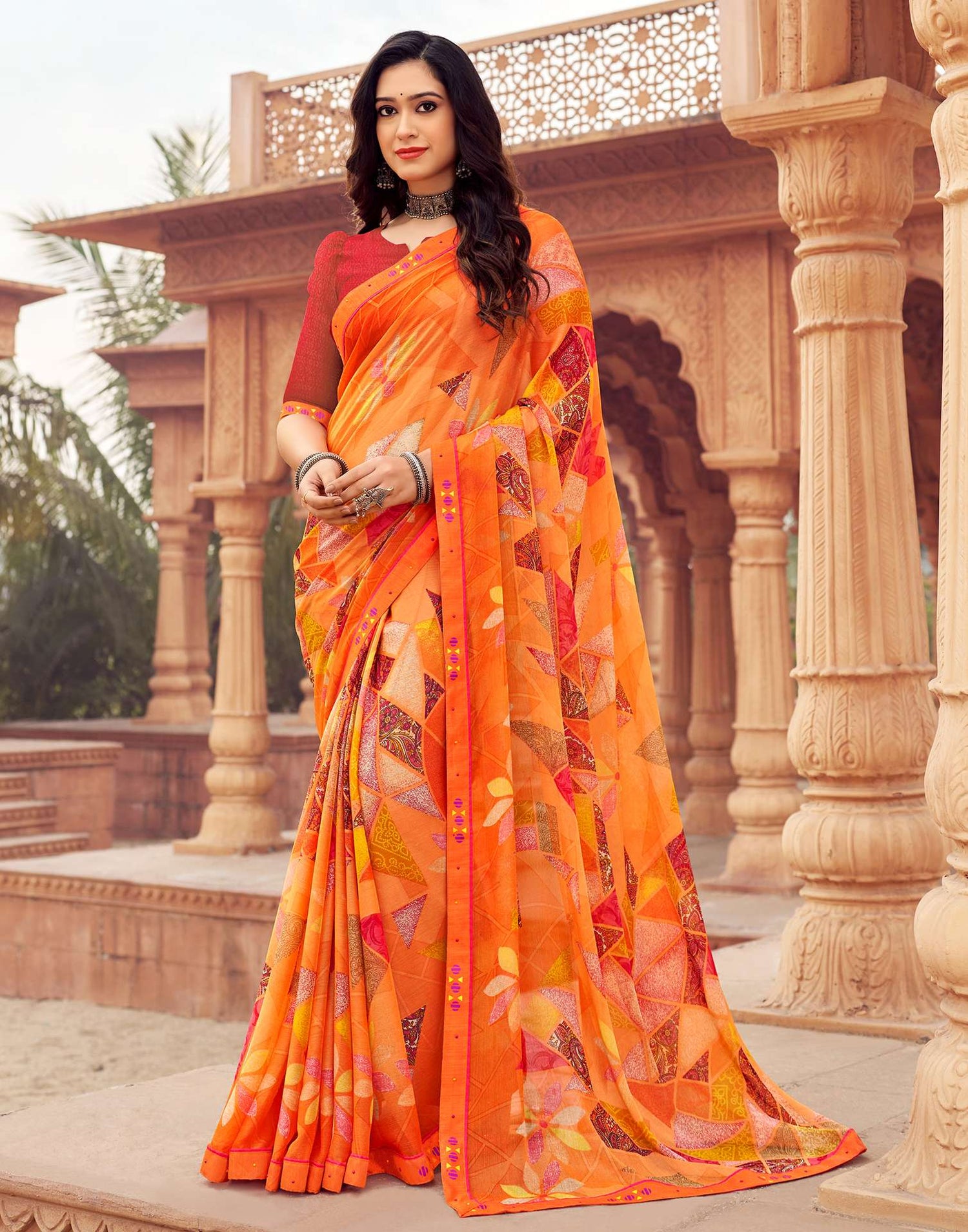 Orange Geometric Printed Chiffon Saree