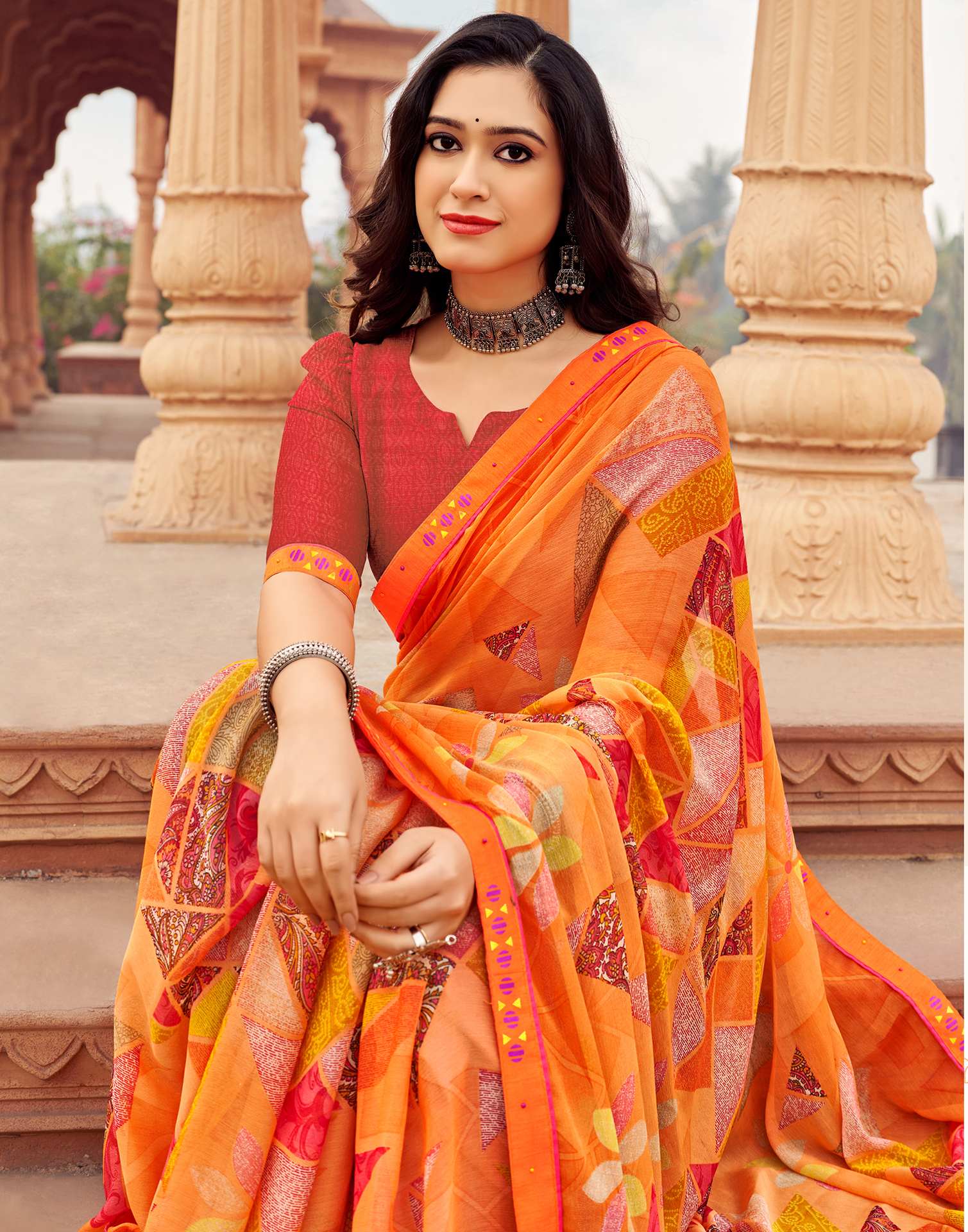 Orange Geometric Printed Chiffon Saree