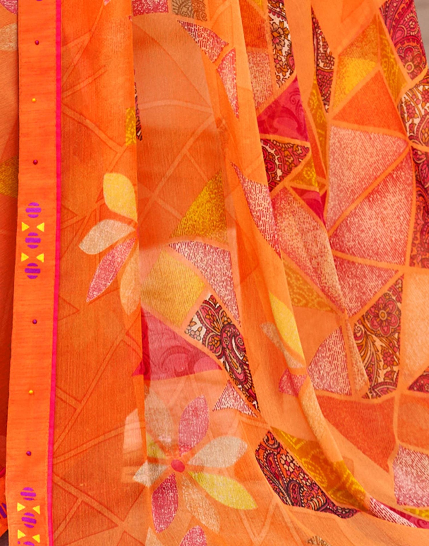 Orange Geometric Printed Chiffon Saree