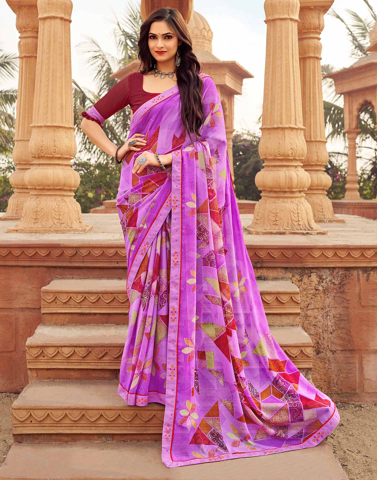 Light Purple Geometric Printed Chiffon Saree