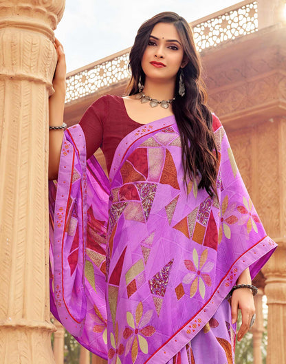 Light Purple Geometric Printed Chiffon Saree