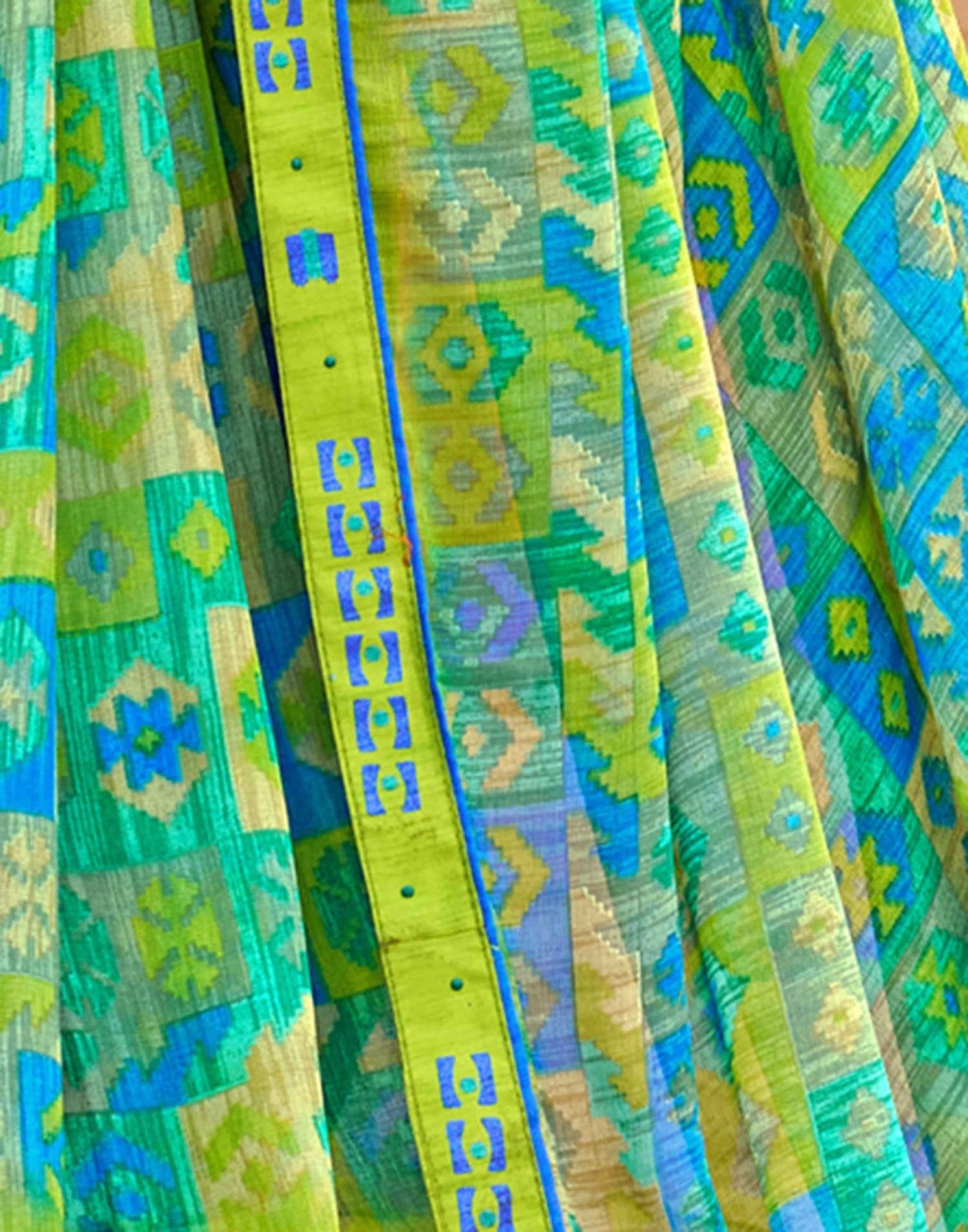 Green Geometric Printed Chiffon Saree