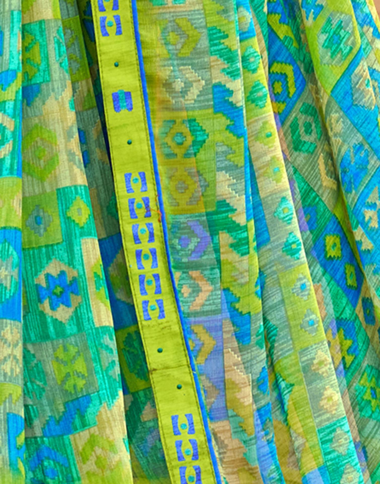 Green Geometric Printed Chiffon Saree