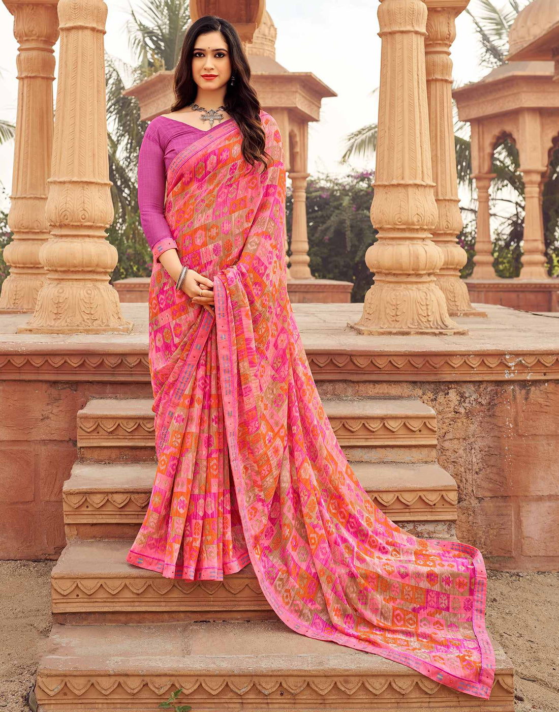 Pink Geometric Printed Chiffon Saree