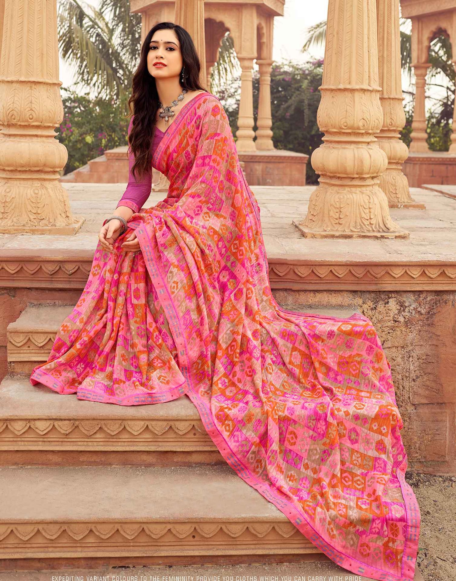 Pink Geometric Printed Chiffon Saree