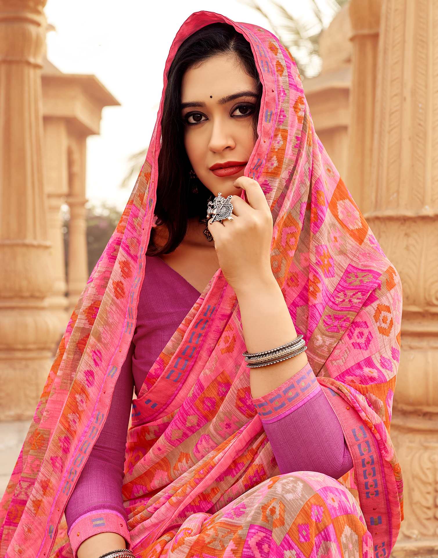 Pink Geometric Printed Chiffon Saree