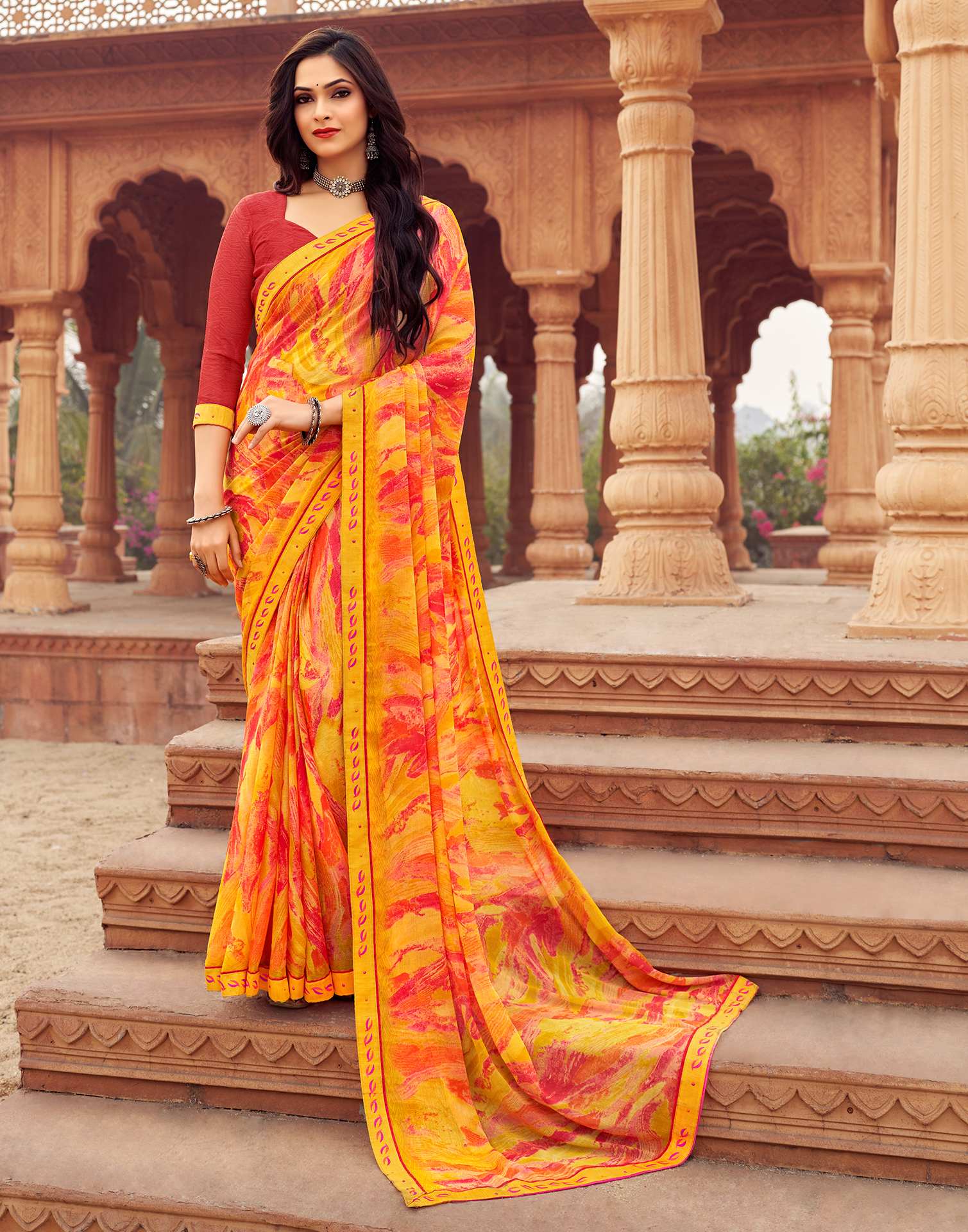 Yellow Printed Chiffon Saree