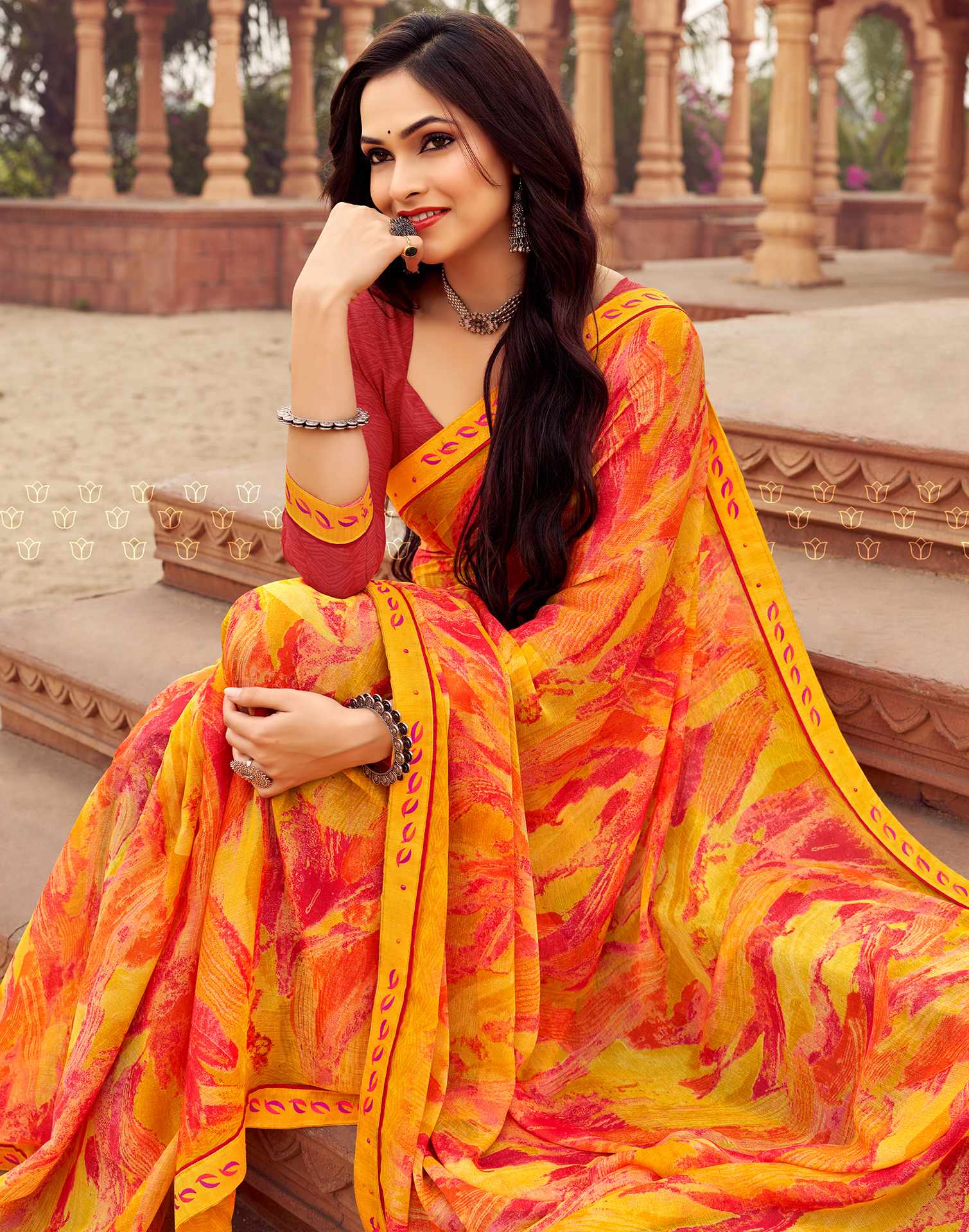 Yellow Printed Chiffon Saree