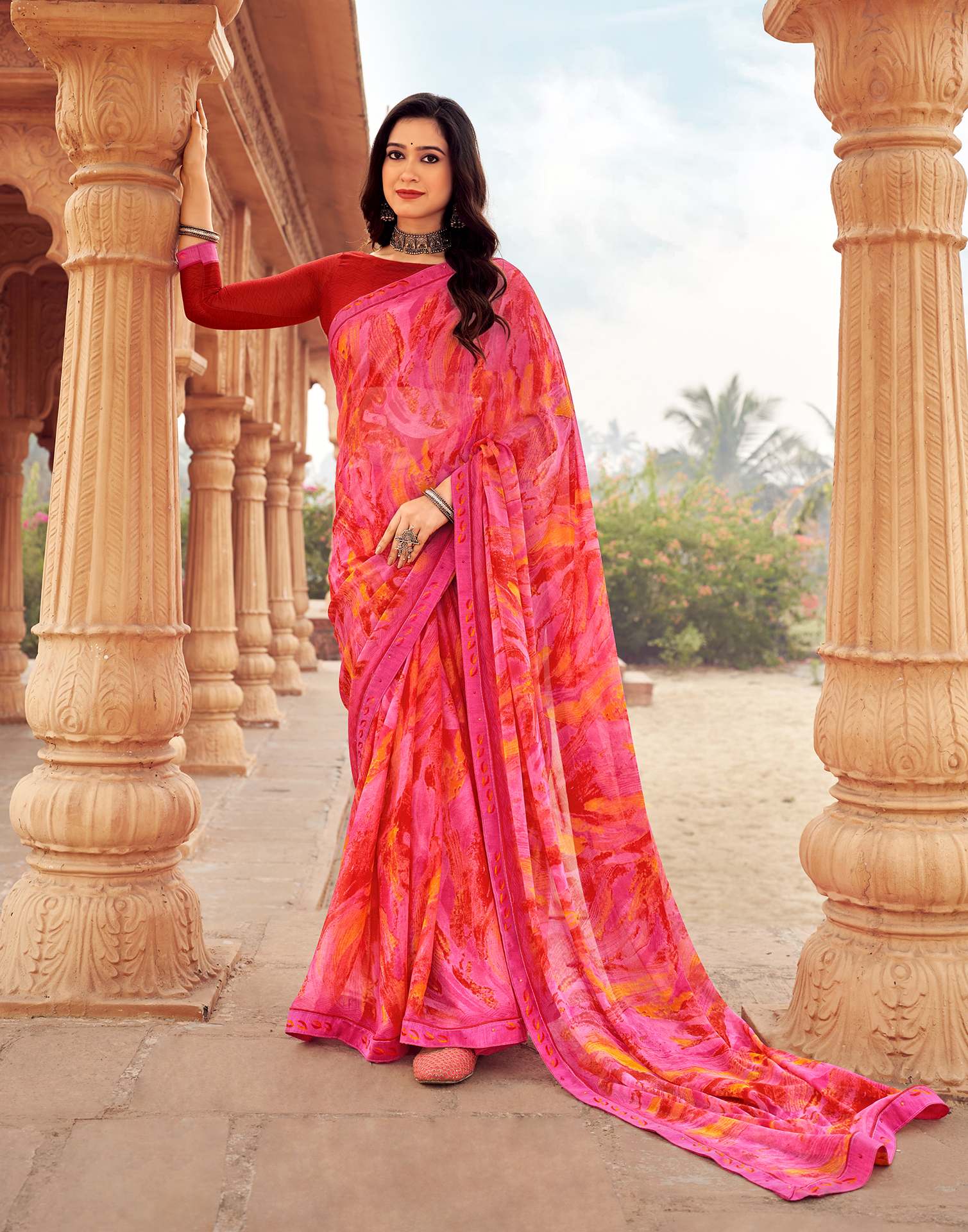 Pink Printed Chiffon Saree