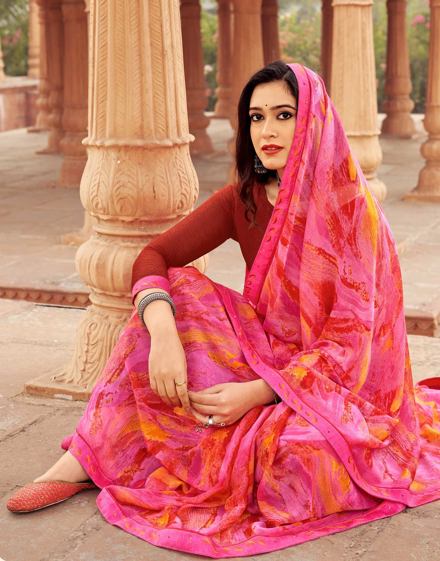 Pink Printed Chiffon Saree