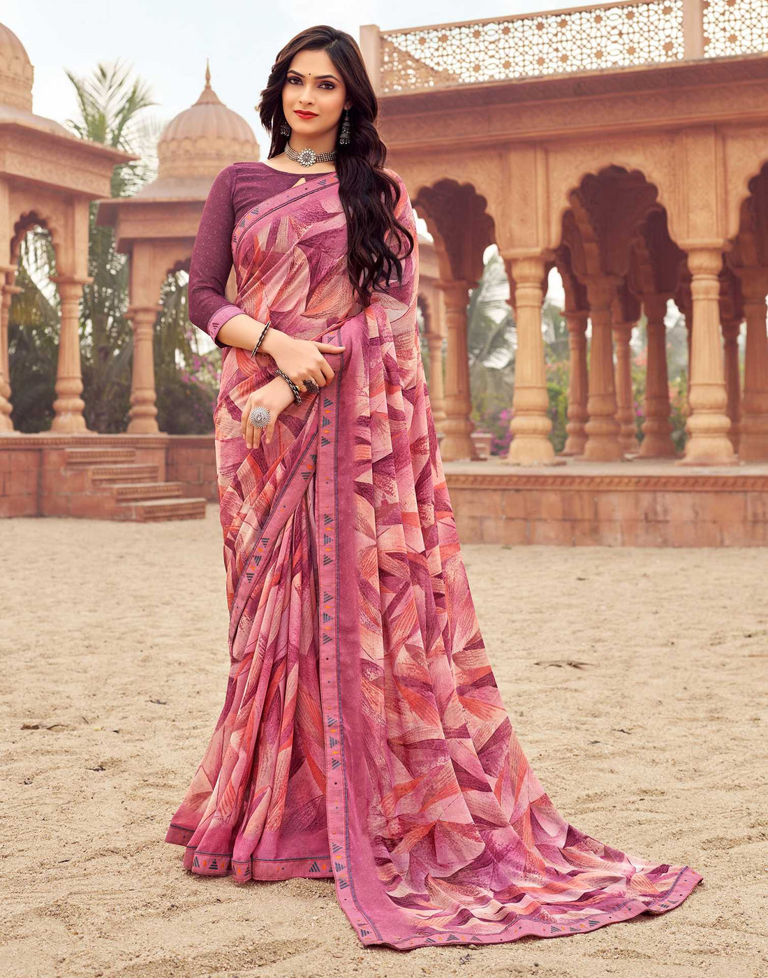 Dusty Pink Printed Chiffon Saree