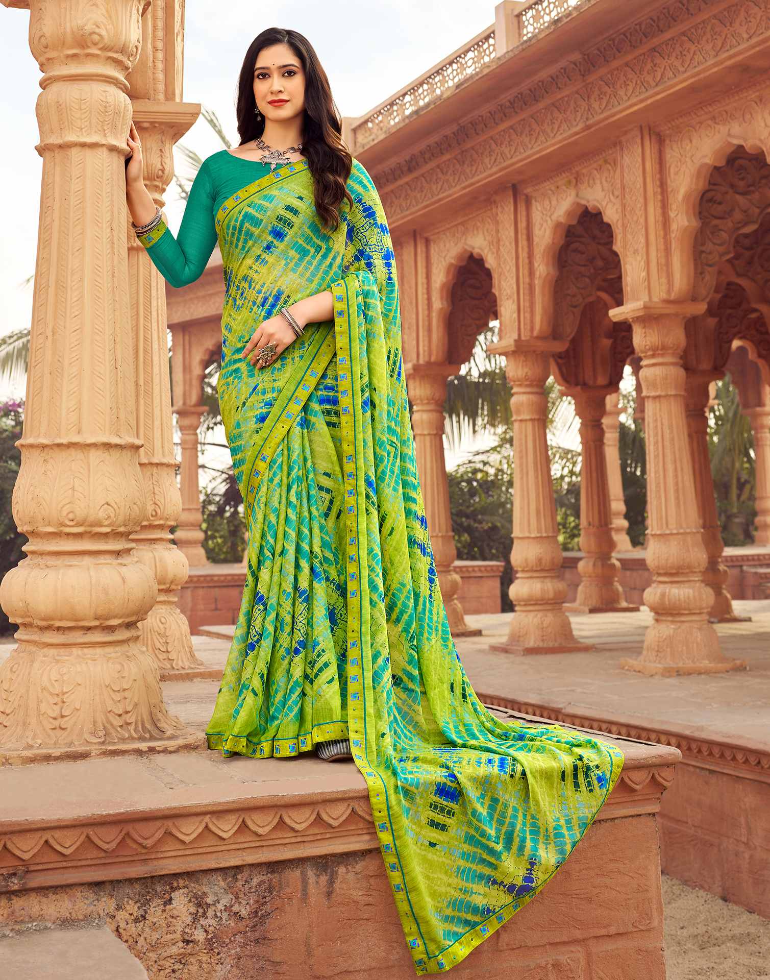 Light Green Printed Chiffon Saree