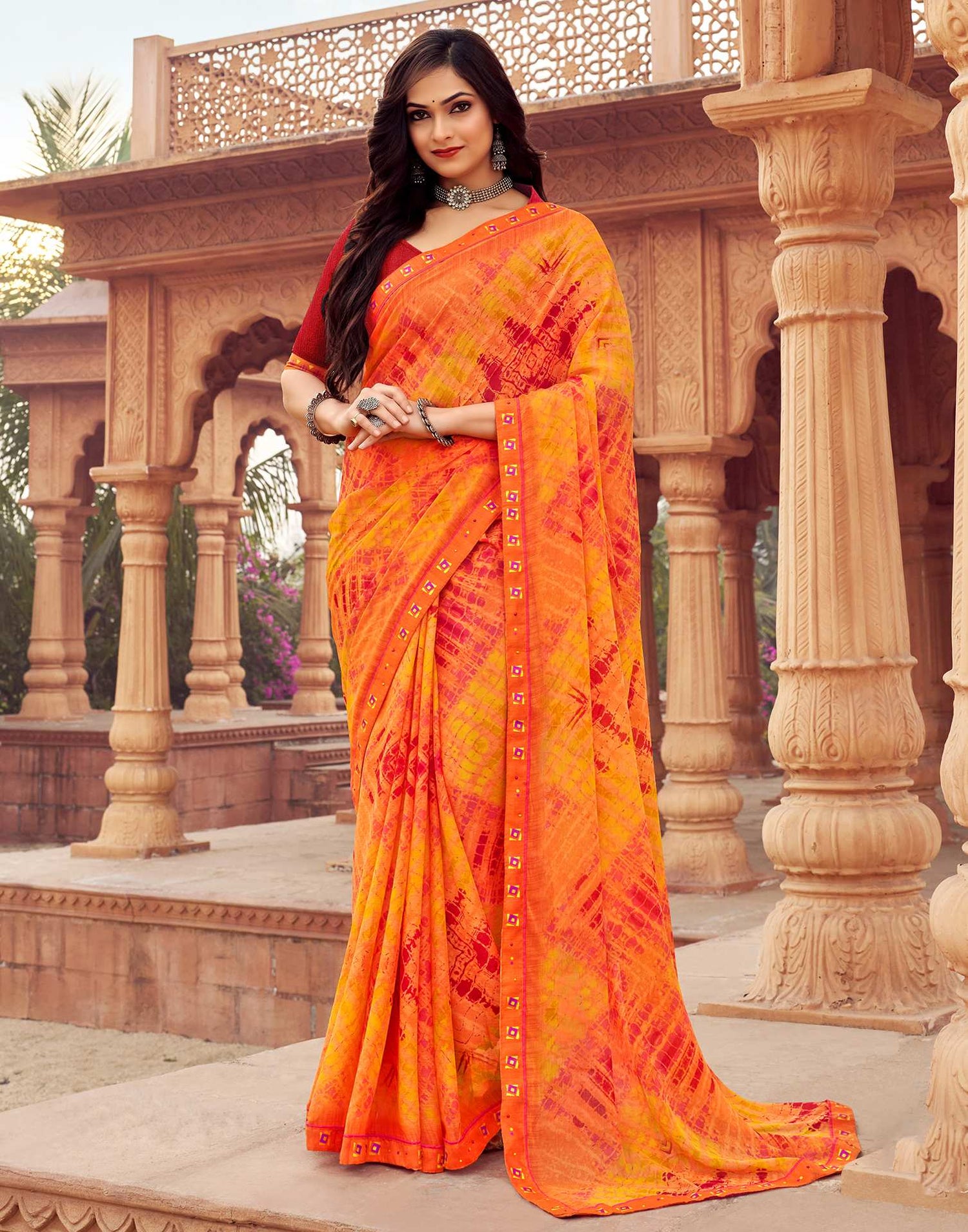 Orange Printed Chiffon Saree