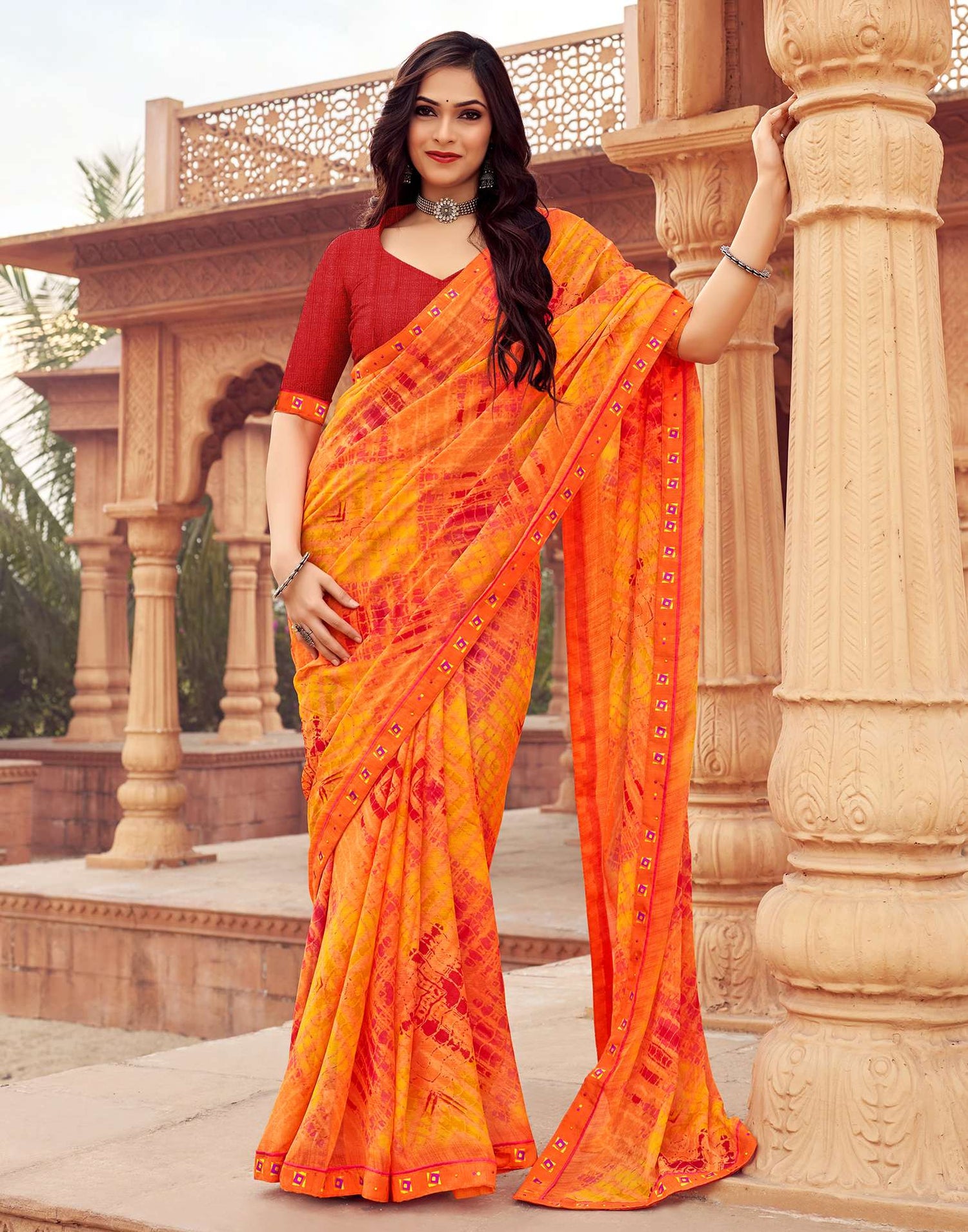 Orange Printed Chiffon Saree