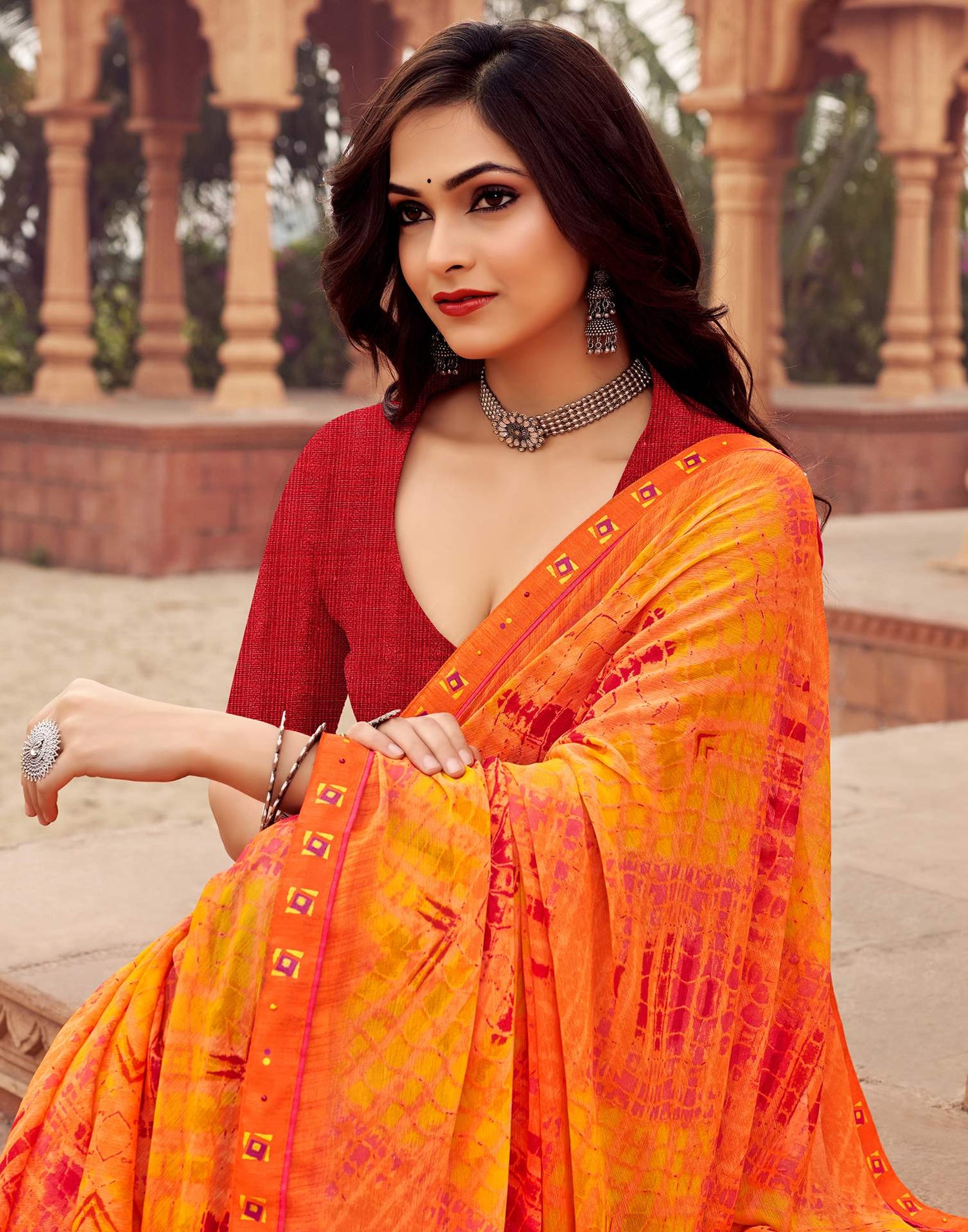 Orange Printed Chiffon Saree