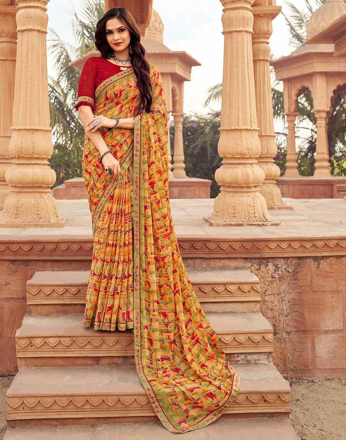 Khaki Geometric Printed Chiffon Saree