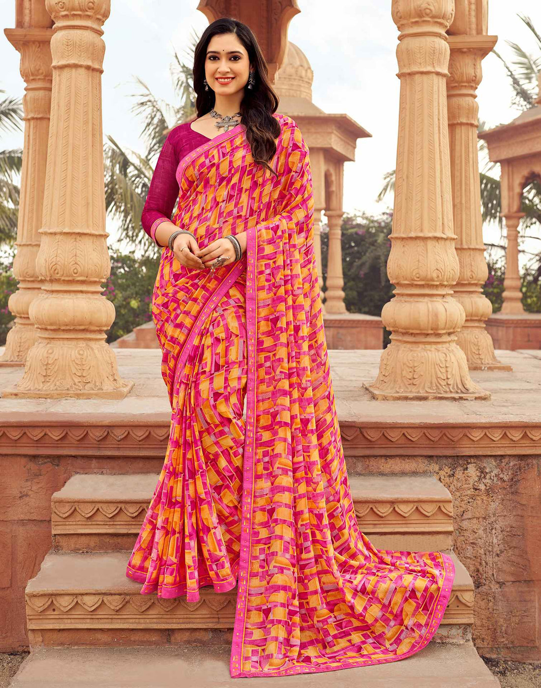 Pink Geometric Printed Chiffon Saree