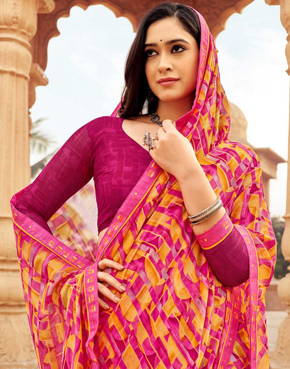 Pink Geometric Printed Chiffon Saree