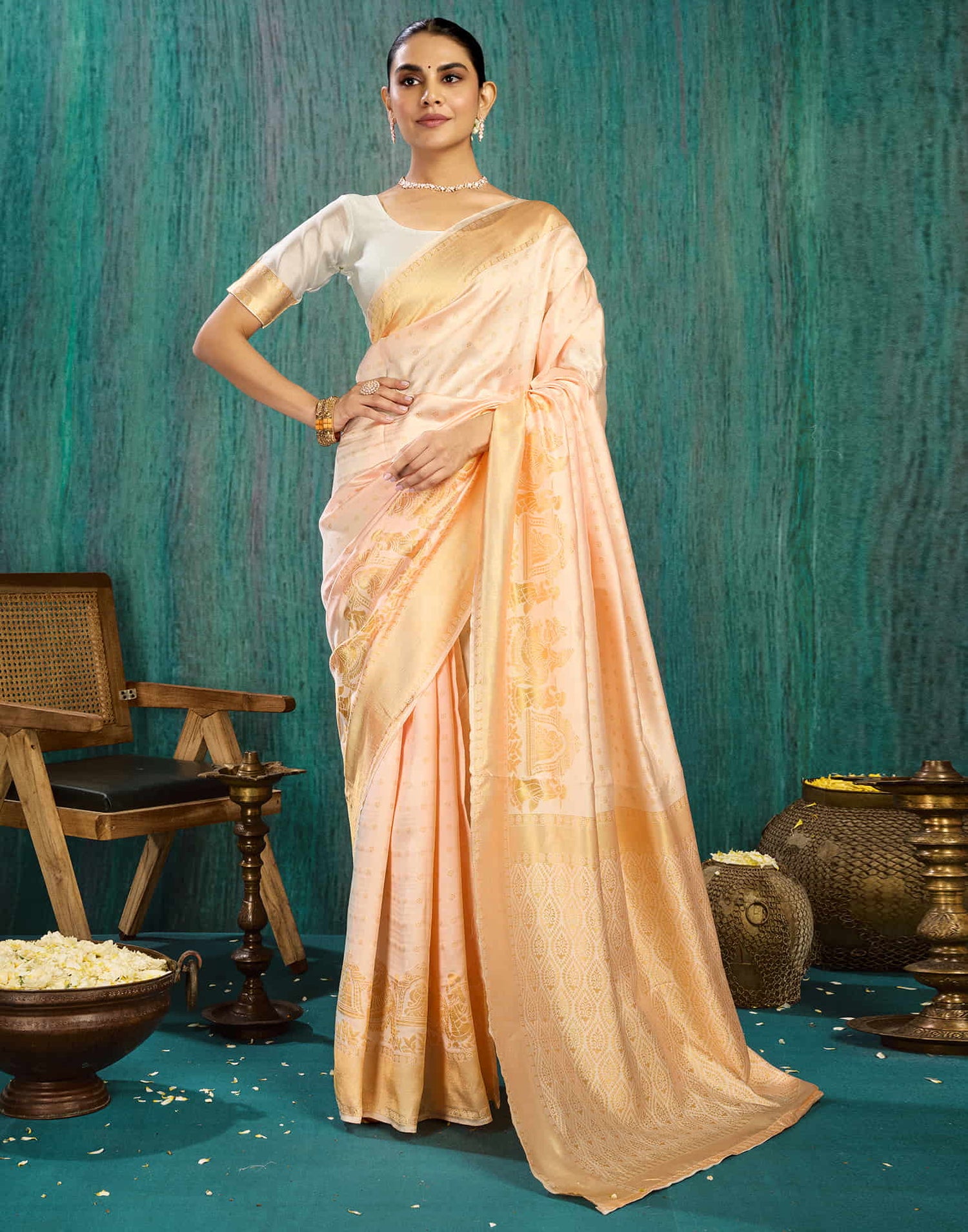 Cream Silk Woven Kanjivaram Saree