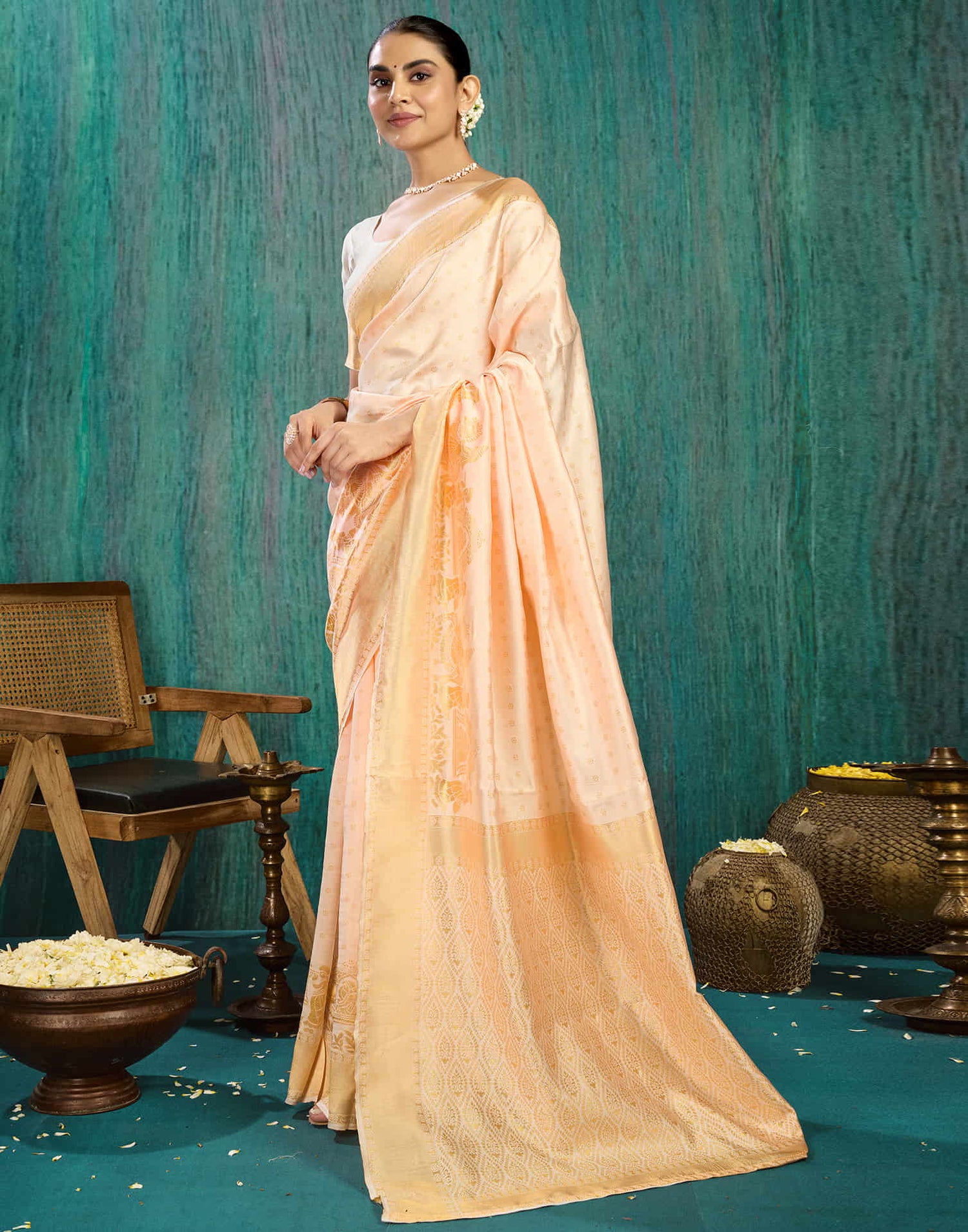 Cream Silk Woven Kanjivaram Saree