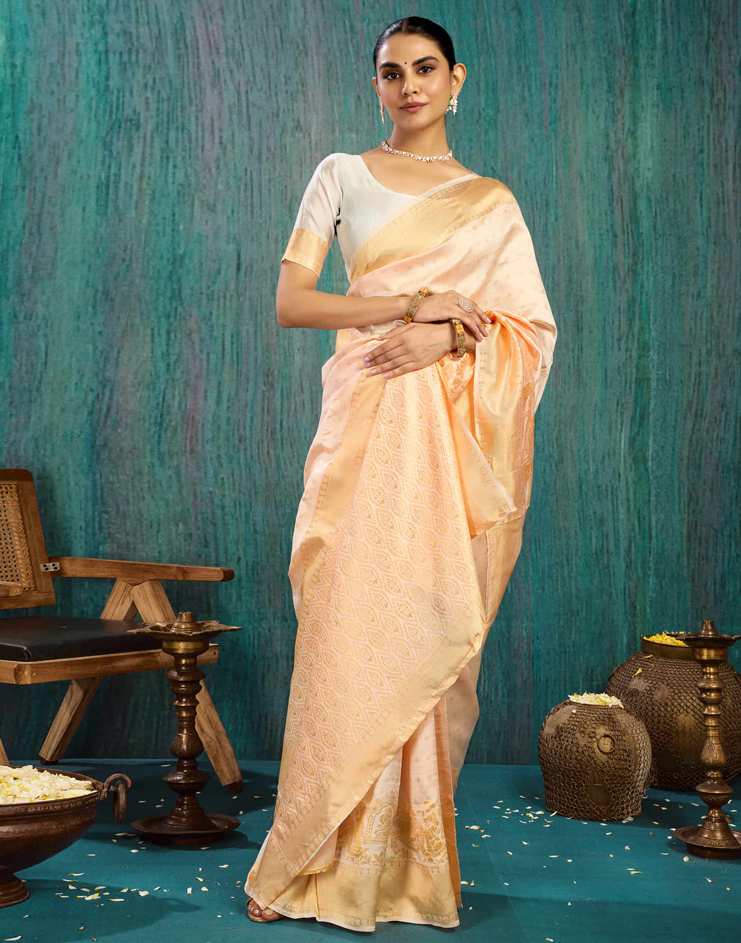 Cream Silk Woven Kanjivaram Saree