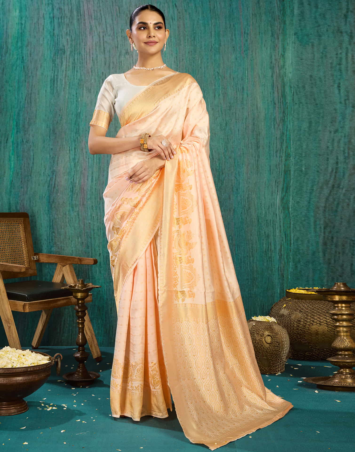 Cream Silk Woven Kanjivaram Saree