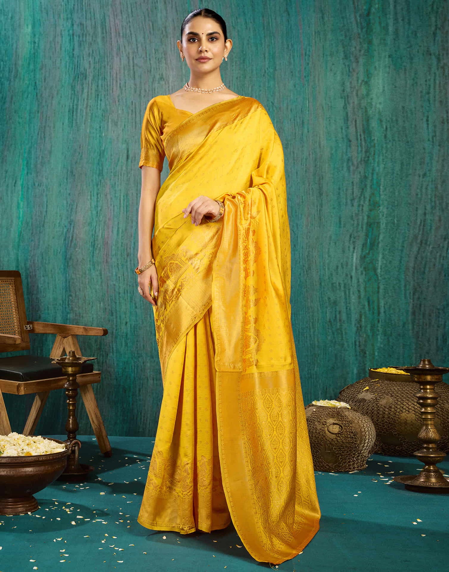 Mustard Yellow Silk Woven Banarasi Saree