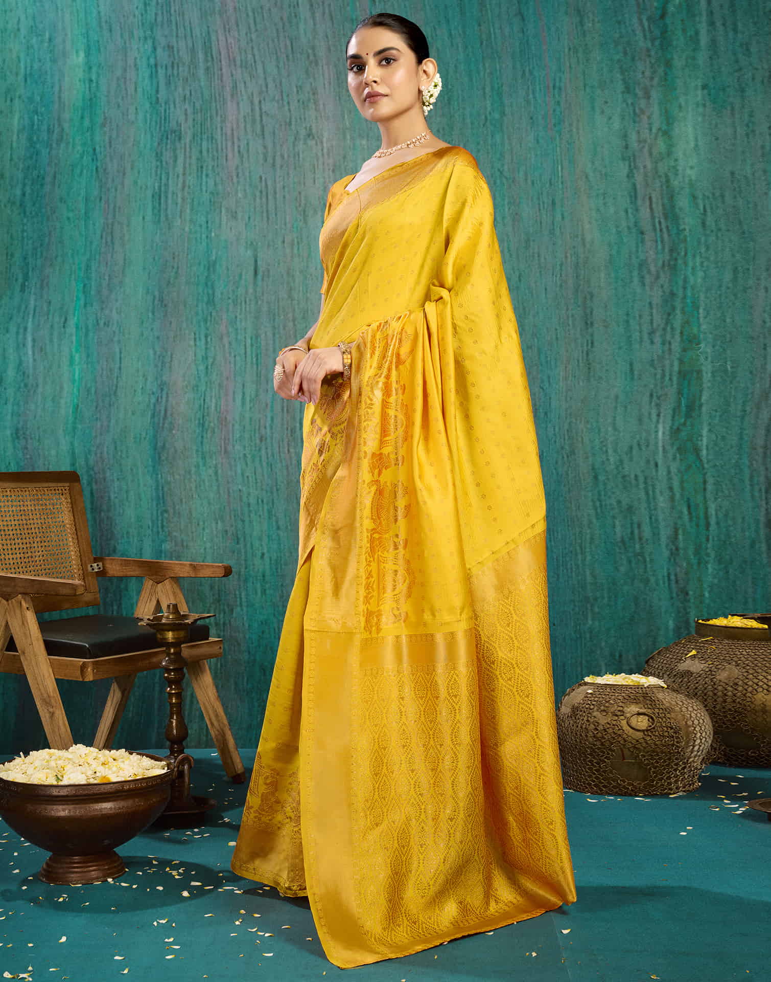 Mustard Yellow Silk Woven Banarasi Saree