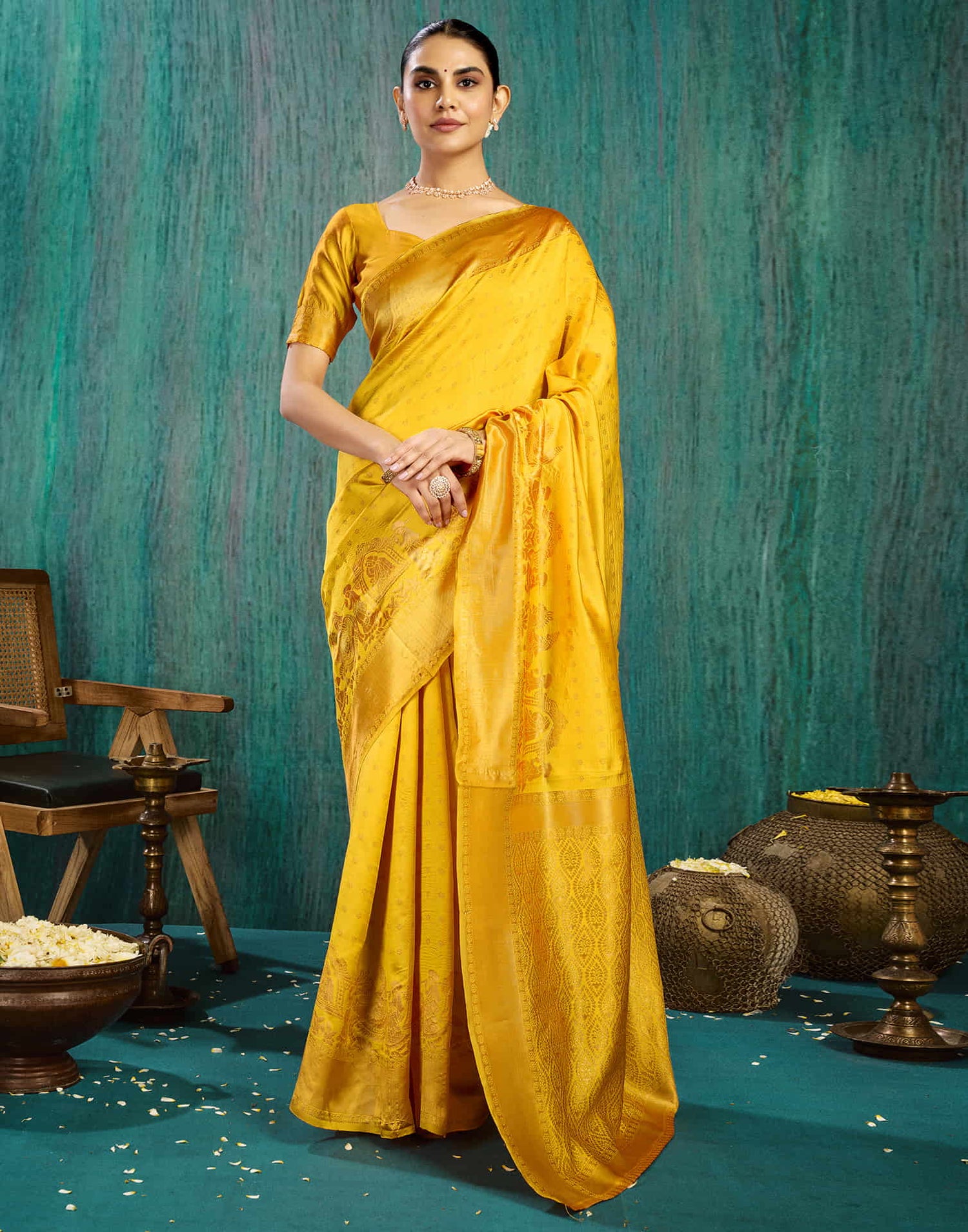 Mustard Yellow Silk Woven Banarasi Saree