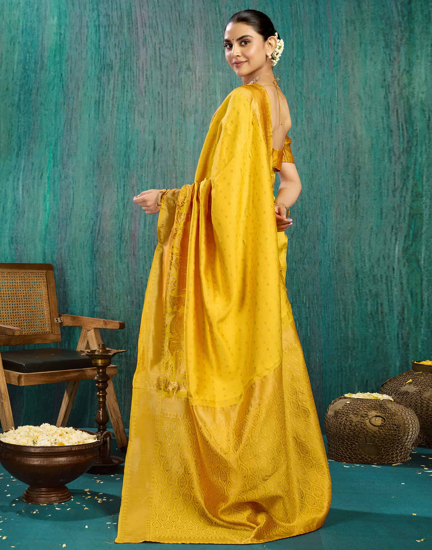 Mustard Yellow Silk Woven Banarasi Saree