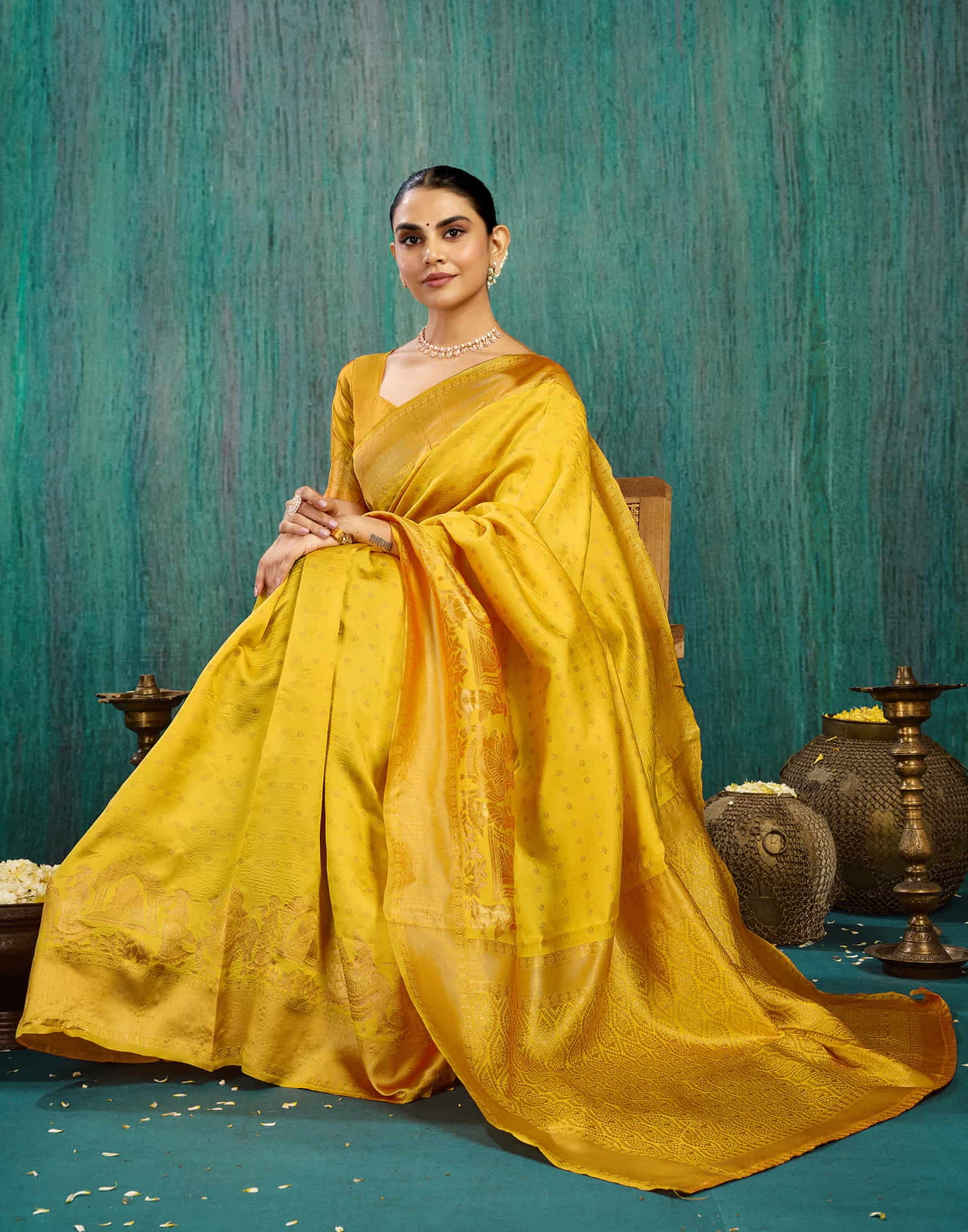 Mustard Yellow Silk Woven Banarasi Saree