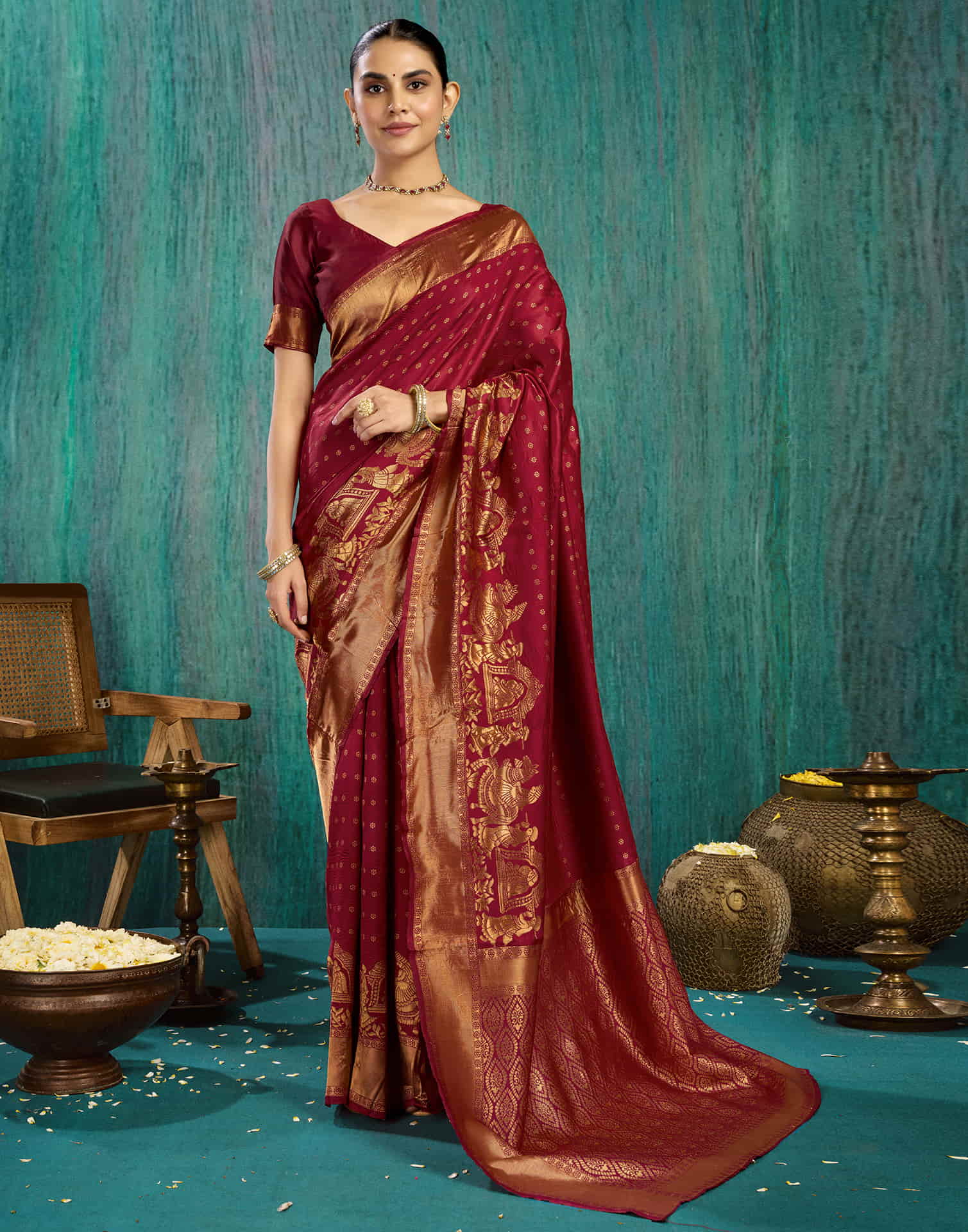 Maroon Silk Woven Kanjivaram Saree