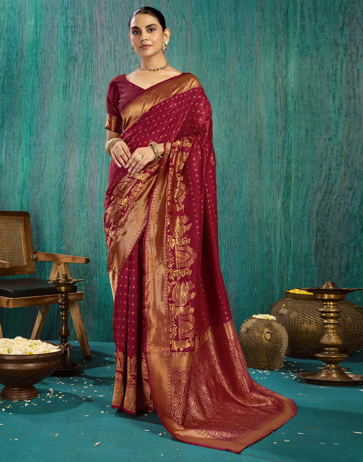 Maroon Silk Woven Kanjivaram Saree