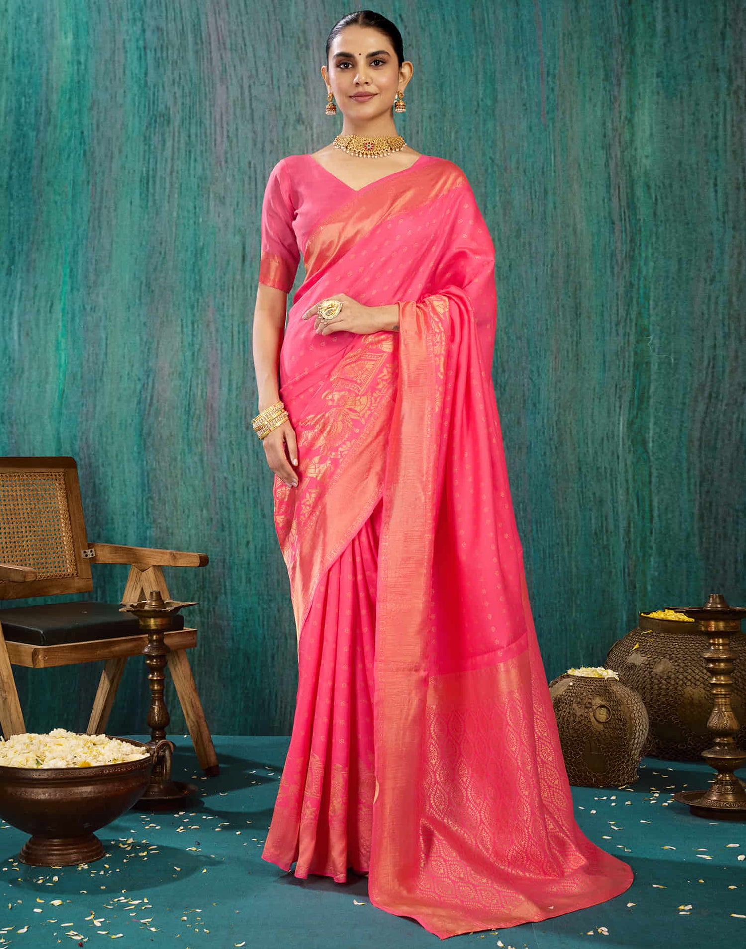 Warm Pink Silk Woven Kanjivarm Saree