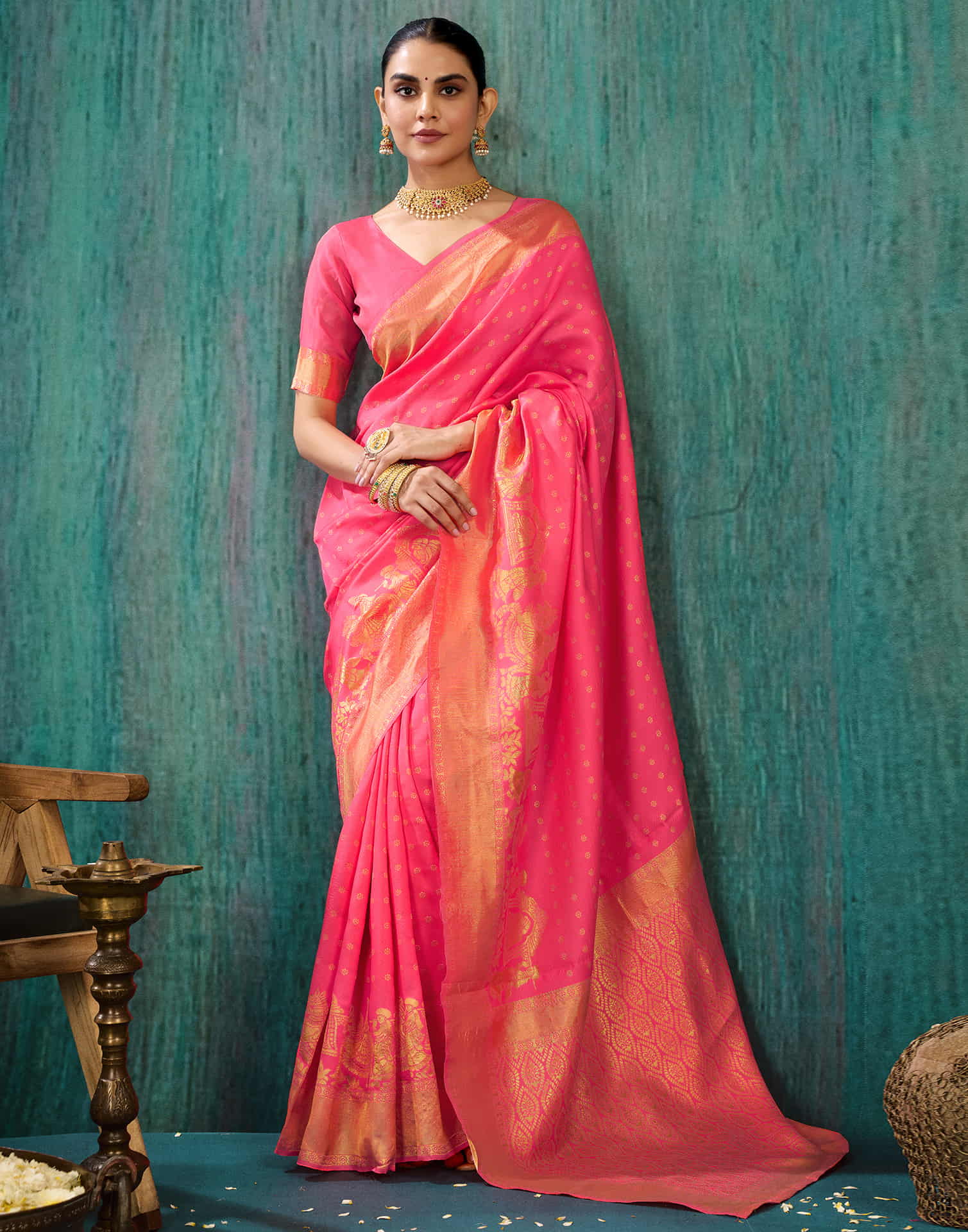 Warm Pink Silk Woven Kanjivarm Saree