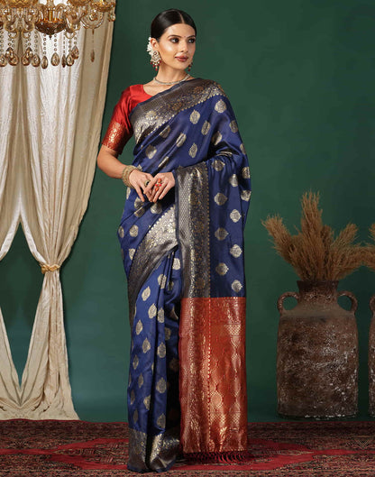 Blue Silk Blend Woven Banarasi Saree