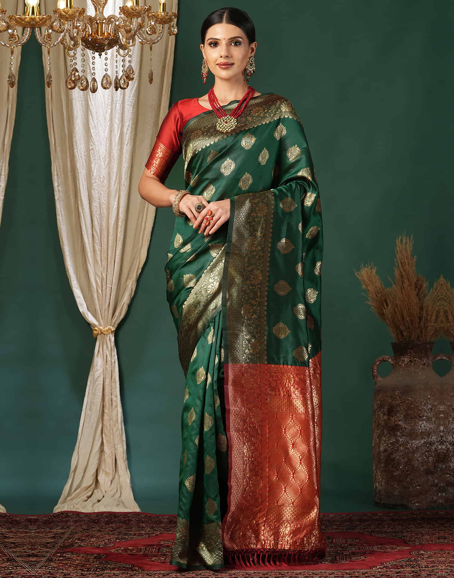 Green Silk Blend Woven Banarasi Saree