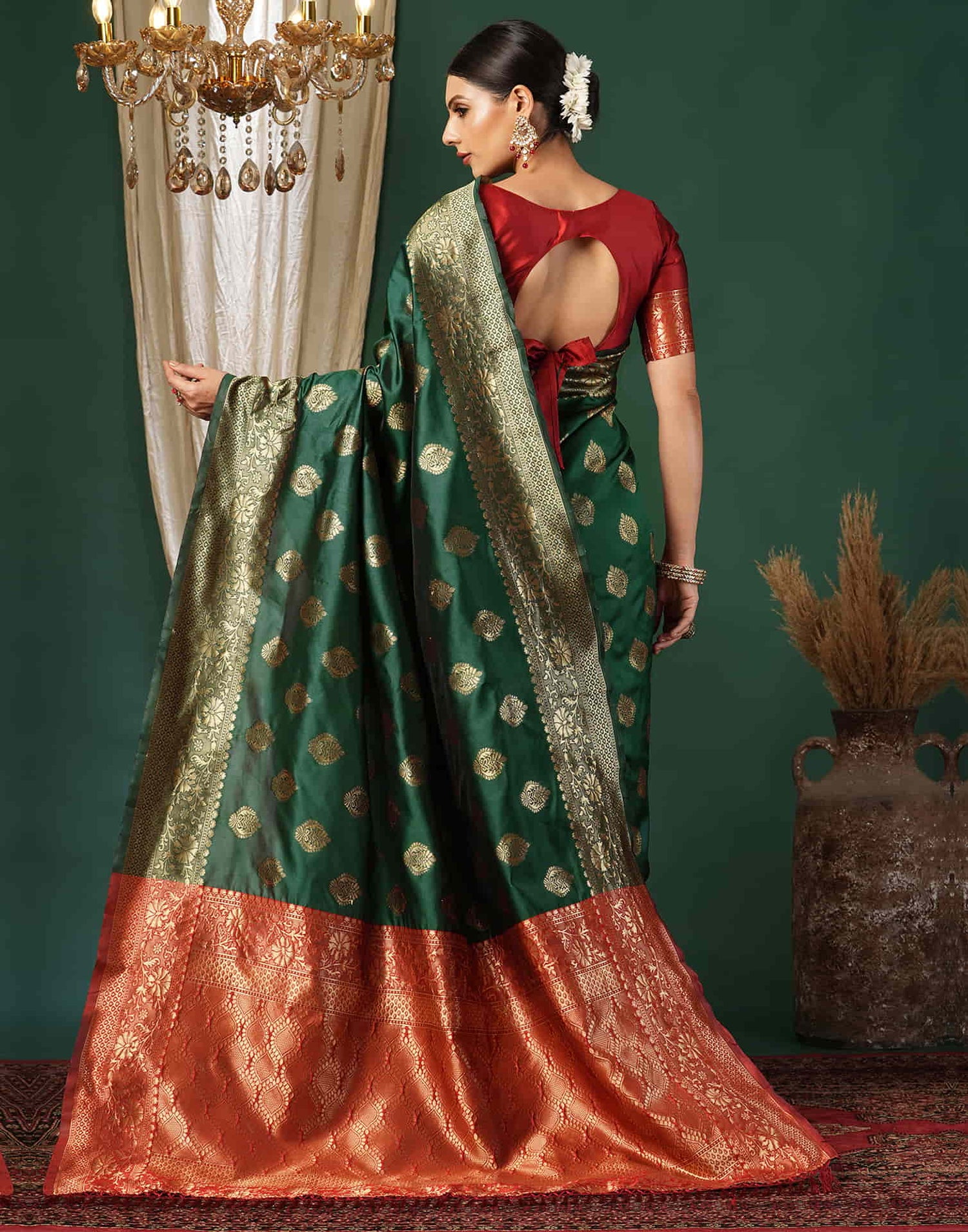 Green Silk Blend Woven Banarasi Saree