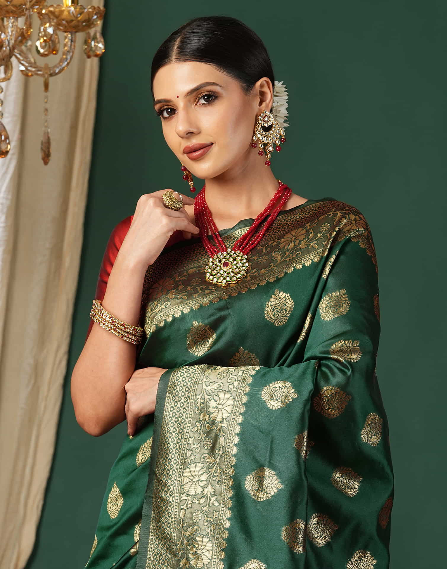 Green Silk Blend Woven Banarasi Saree