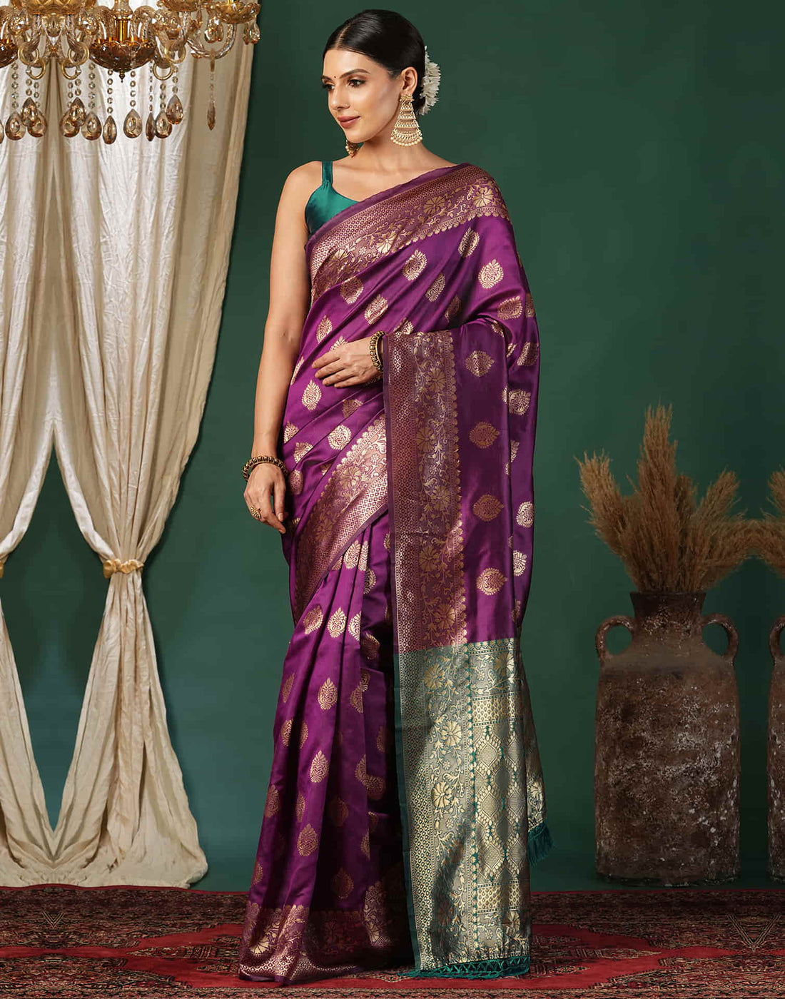 Purple Silk Blend Woven Banarasi Saree