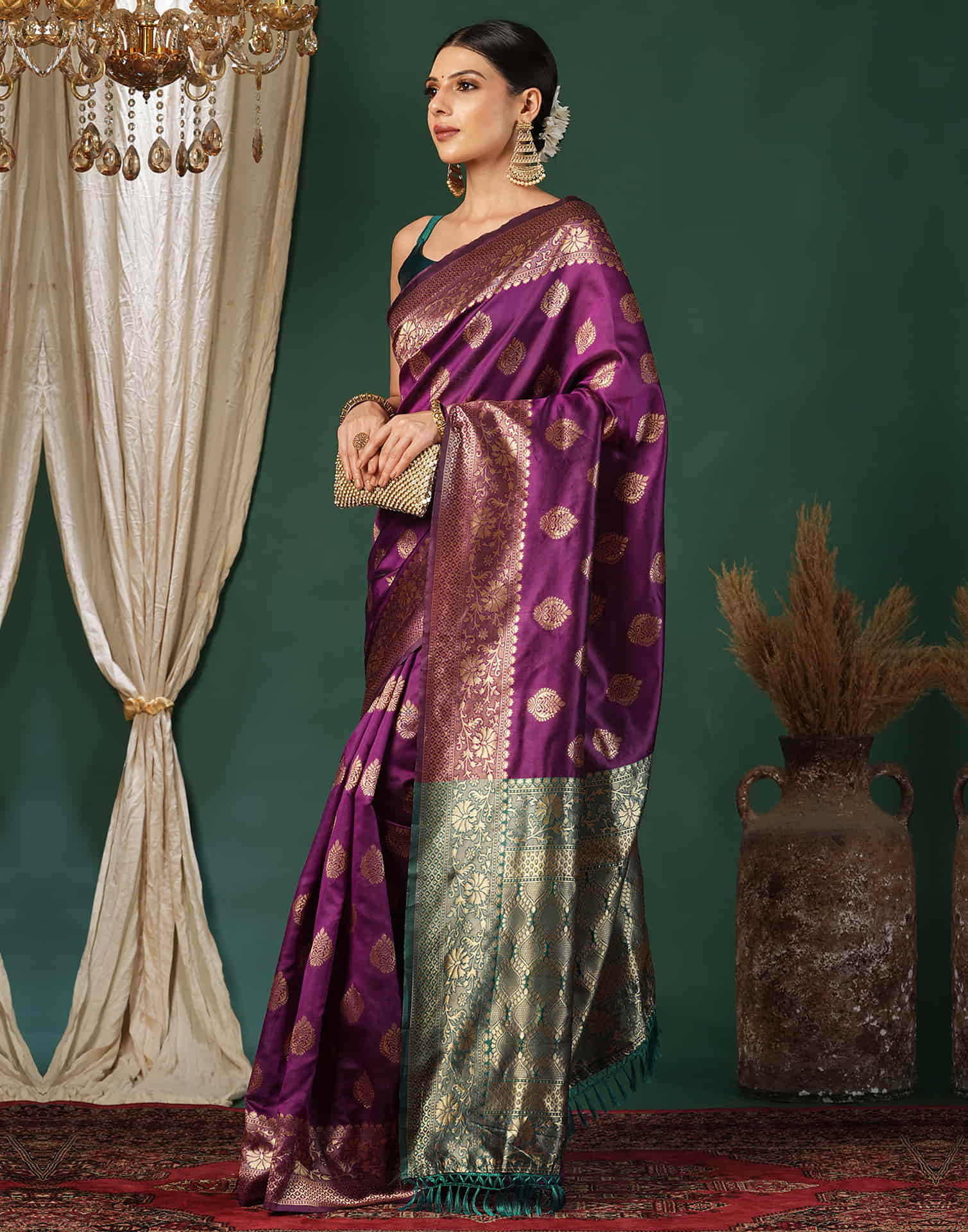 Purple Silk Blend Woven Banarasi Saree