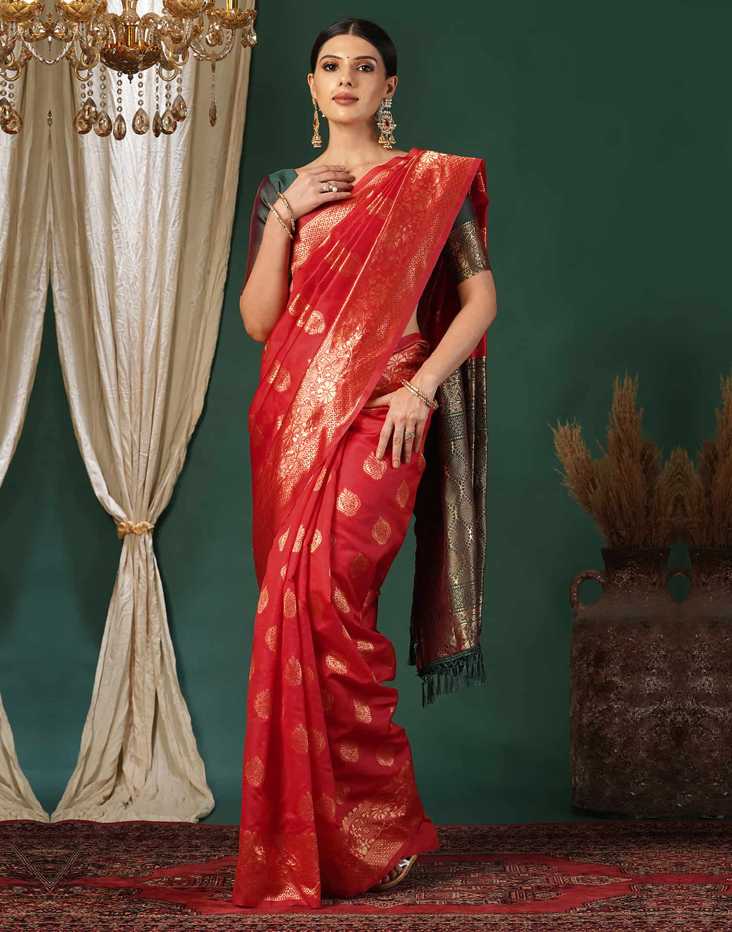 Red Silk Blend Woven Banarasi Saree